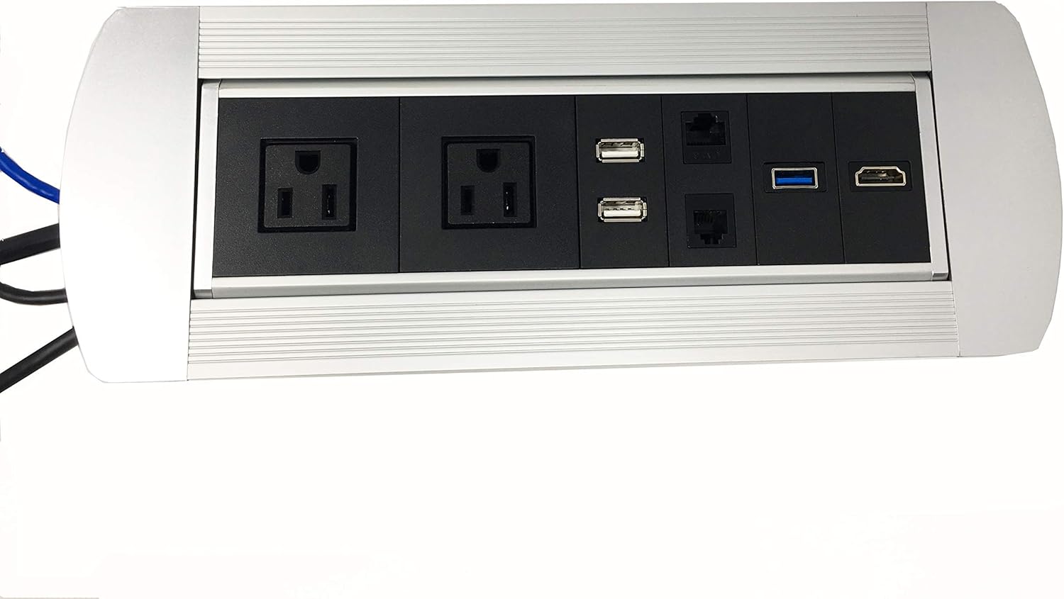 UL Listed Power Plug in-Desk Power Center Table Top Grommet Furniture Power Data Hub-2 USB Port, 2 AC Power, 1 HDMI, 1 CAT6 Port Conference Table Connectivity Box (DC8689-Round-Black) Pack of 2