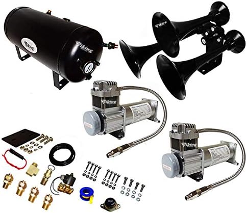 Viking Horns Super Loud 170 Decibels Three Trumpet Train Air Horn Kit, with Dual 200 PSI Air Compressors V103C2X-6-12/307 (Chrome)