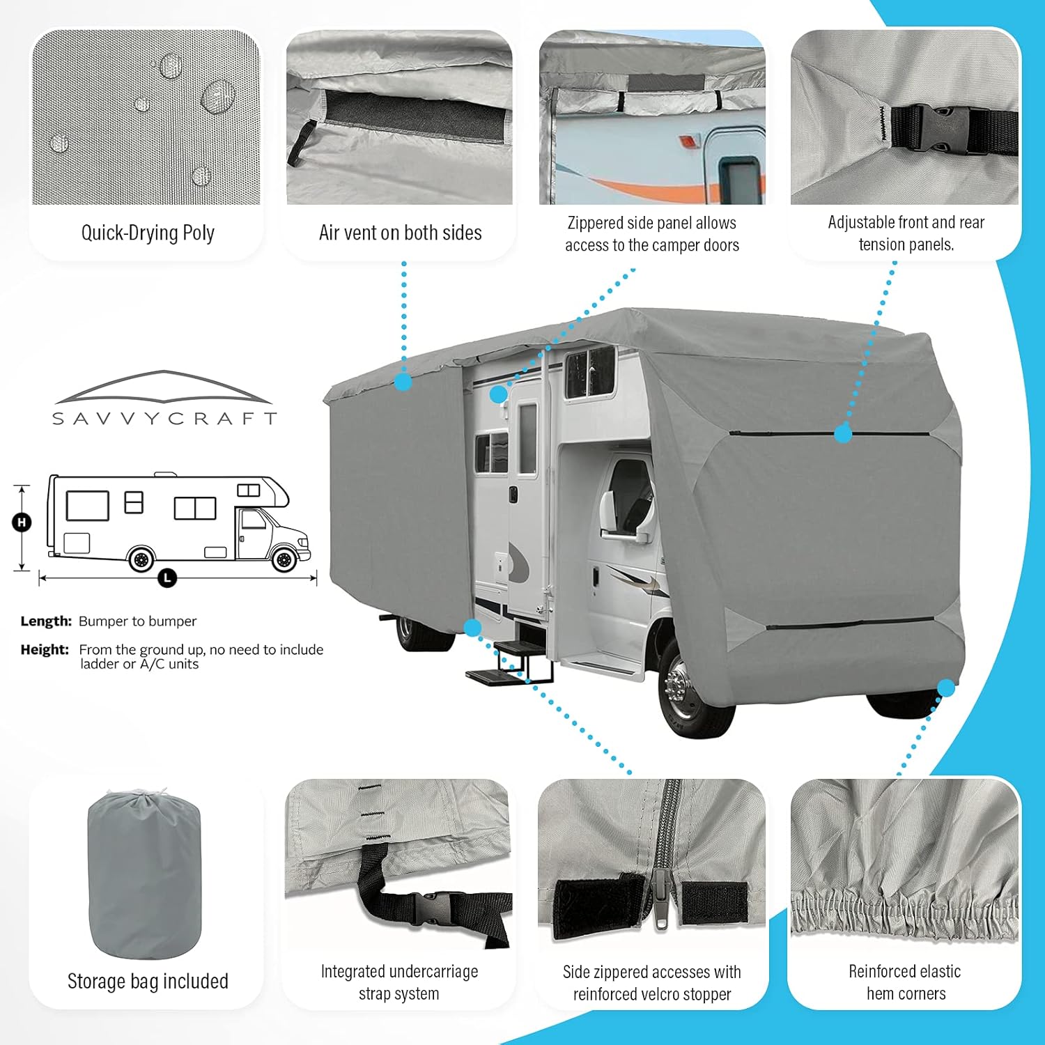 SavvyCraft Class C RV Motorhome Camper Cover Fits 24' 25' 26'L Zipper Access