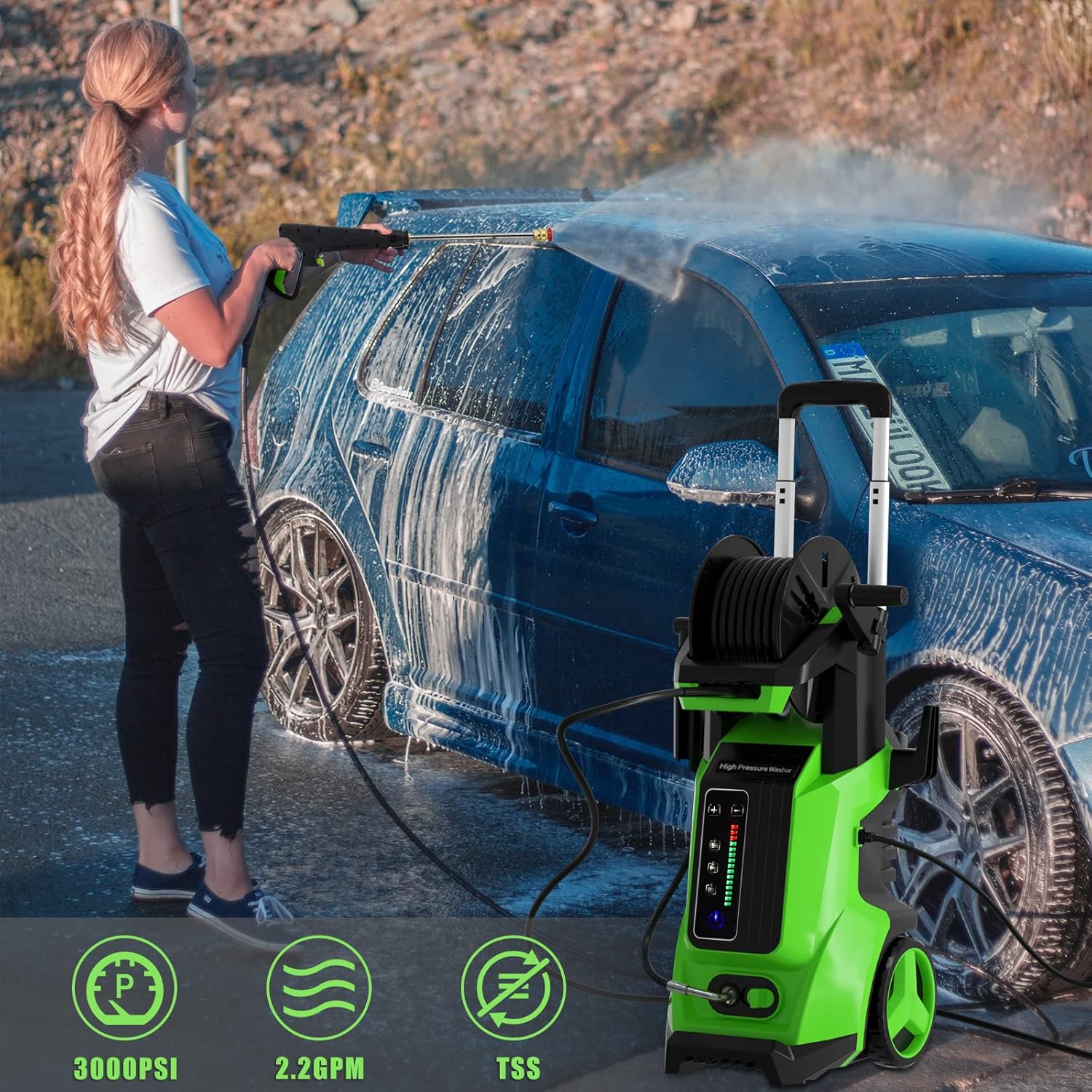YANICHA Electric Pressure Washer - 3000 PSI + 2.2 GPM High Power Washers Electric Powered with 4 Interchangeable Nozzles and Foam Cannon Hose Reel, Car Washer Cleaner for Home/Driveway/Patio