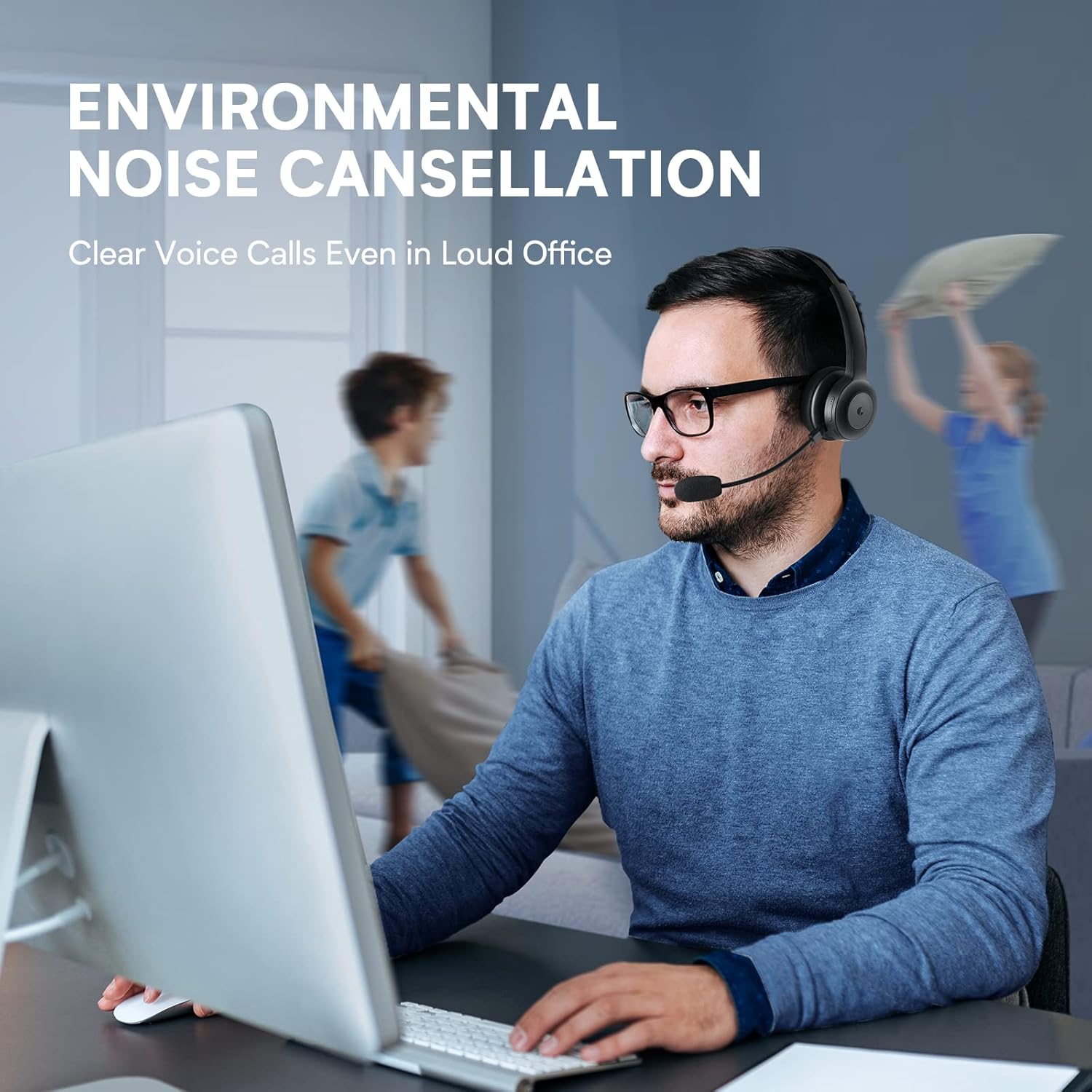 Bluetooth Headset, ELEVOC Wireless Headset with Microphone, Noise Canceling Telephone Headset, Up to 30 Hrs Talk Time, Hands-Free Headset with Charging Base and Dongle for Trucker, Call Center Pack of 2