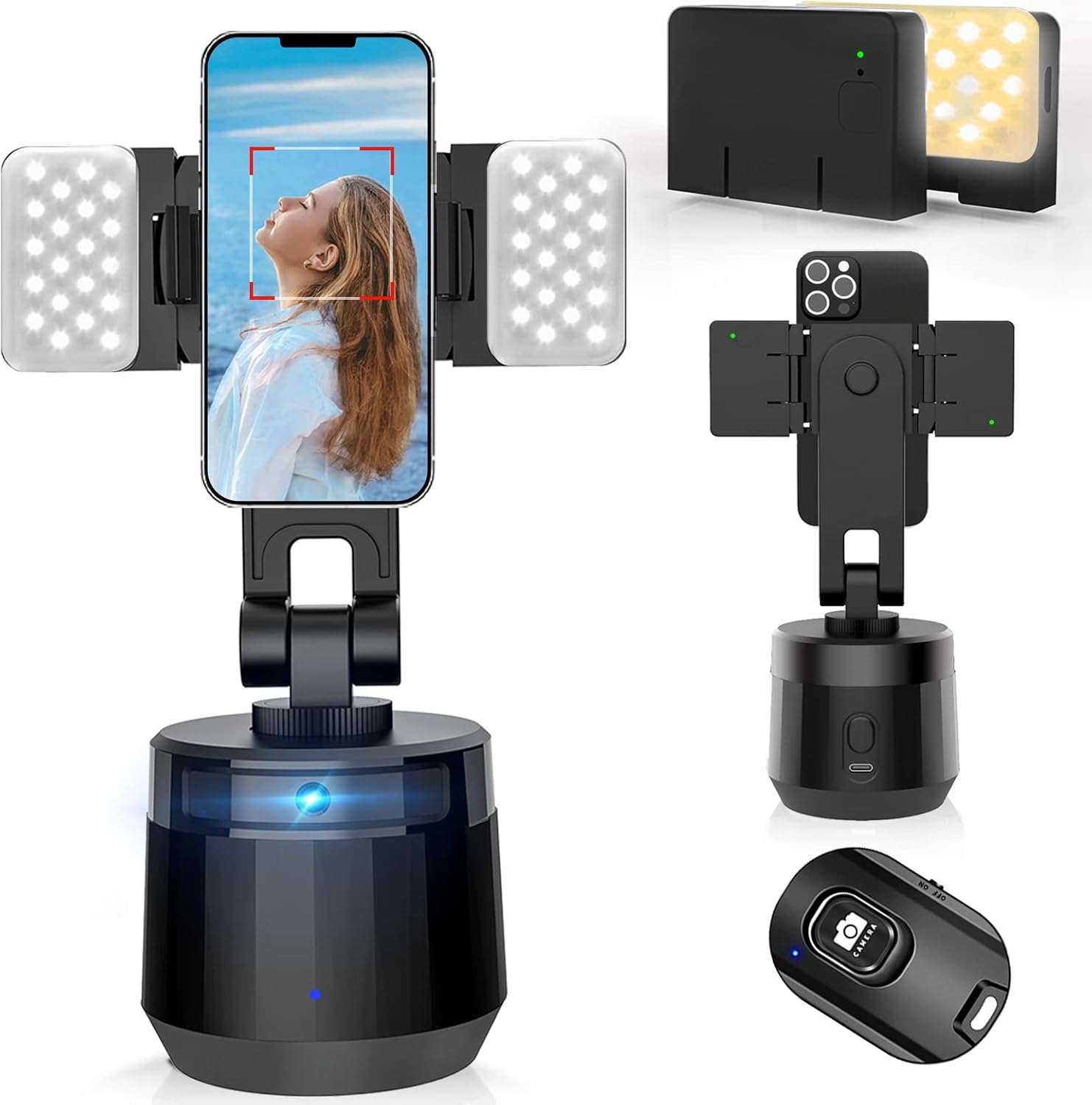 YENDILI Smart Auto Face Tracking Phone Holder with Remote, No APP, Fast Selfie Stick 360 Rotation Camera Stand with Fill Light, Tracking Tripod Phone Gimbal Stabilizer with 2000mAh Battery for Vlog Pack of 2