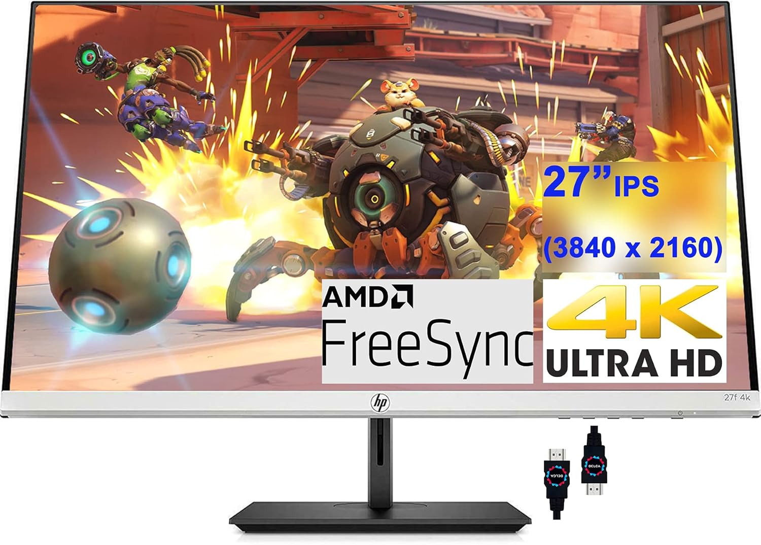 HP 27 Monitor I 27 Inch 4K Ultra HD (3840 x 2160) @ 60Hz Refresh Rate IPS Panel I 5ms GTG I 16:9 I 300 Nits I Up to 1.07 Billion Colors I AMD FreeSync I 178° Viewing Angle DisplayPort + HDMI Cable
