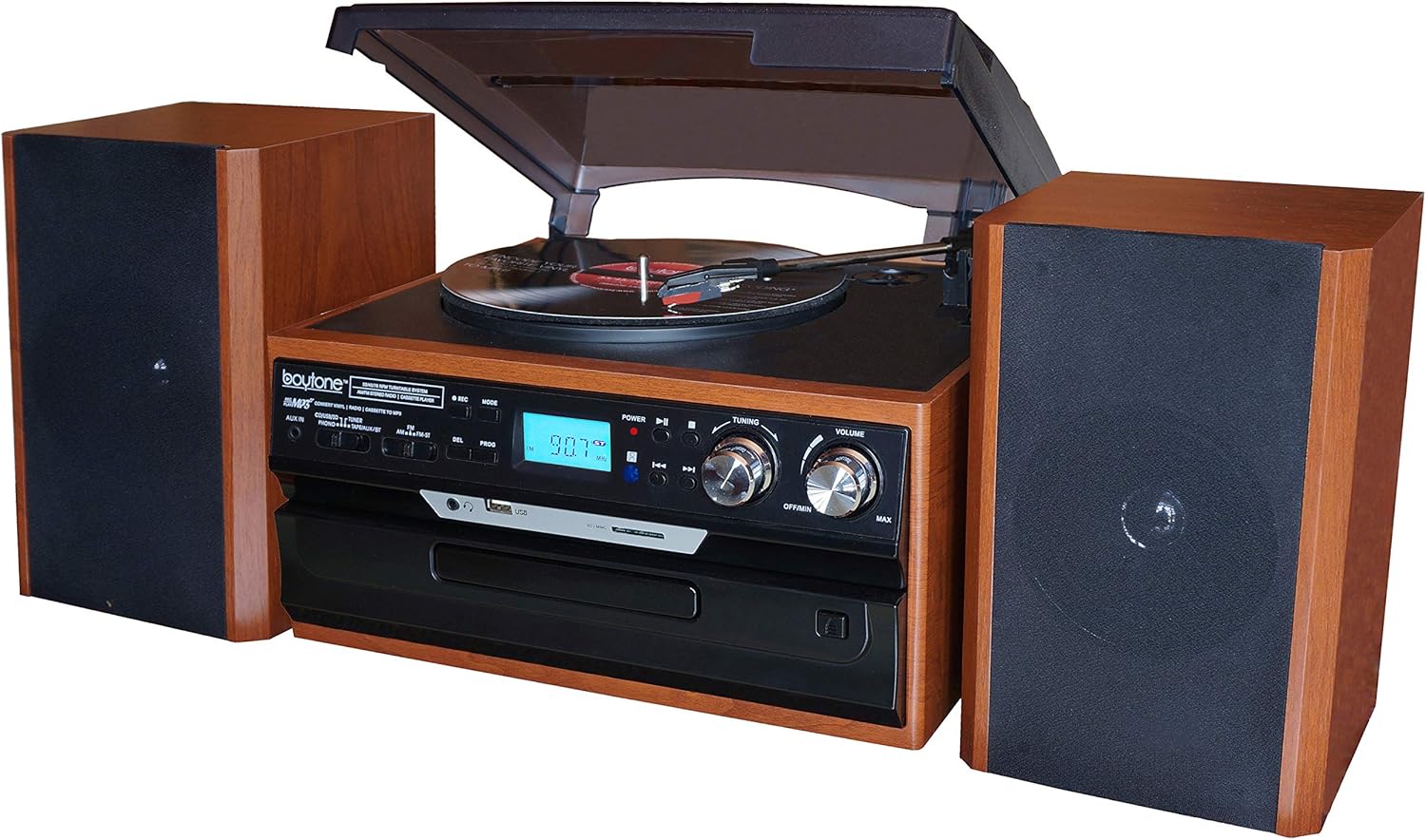 Boytone BT-24MB Bluetooth Classic Style Record Player Turntable with AM/FM Radio, CD/Cassette Player, 2 Separate Stereo Speakers, Record from Vinyl, Radio, and Cassette to MP3, SD Slot, USB, AUX.