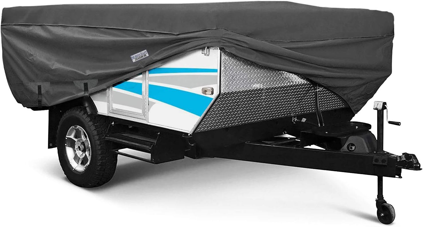 North East Harbor Waterproof Durable Folding Camping Travel Trailer Storage Cover Fits Length 16'-18' 300D Polyester Fabric Pop-Up Tent Trailers Cover - 228 L x 88 W x 42 H, Gray (YYZ30)