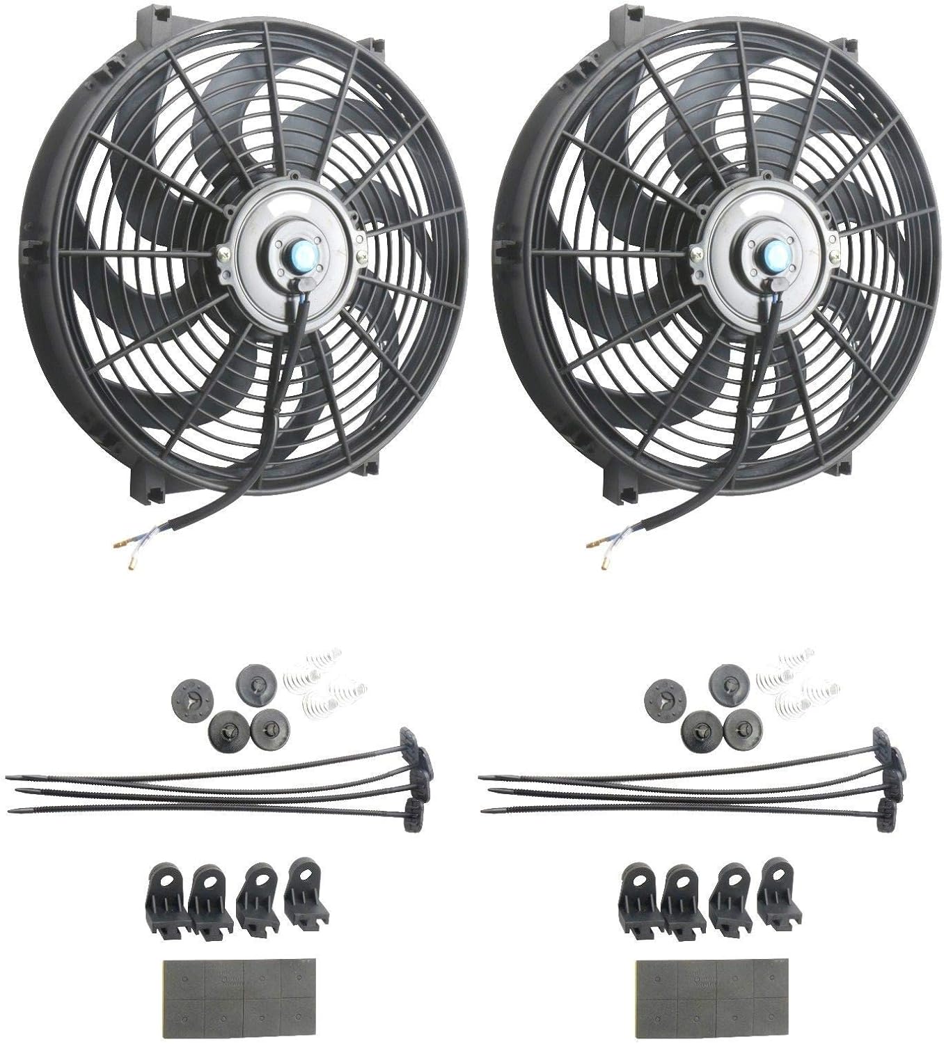 Upgr8 Universal High Performance 12V Slim Electric Cooling Radiator Fan with Fan Mounting Kit (14 Inch Black, 2 Pack) Pack of 2