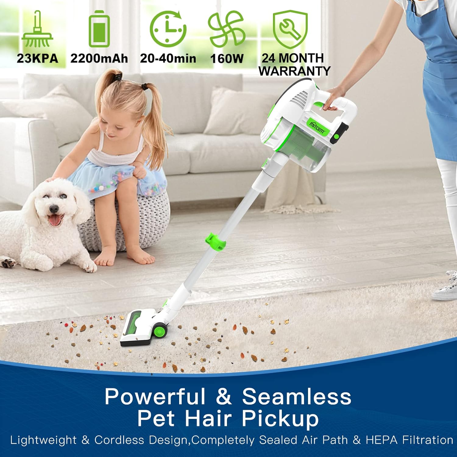 Mitcent Cordless Stick Vacuum Cleaner - 17Kpa 1650W High Efficiency Brushless Motor, Lightweight Vacuum Cleaner, MT2002A