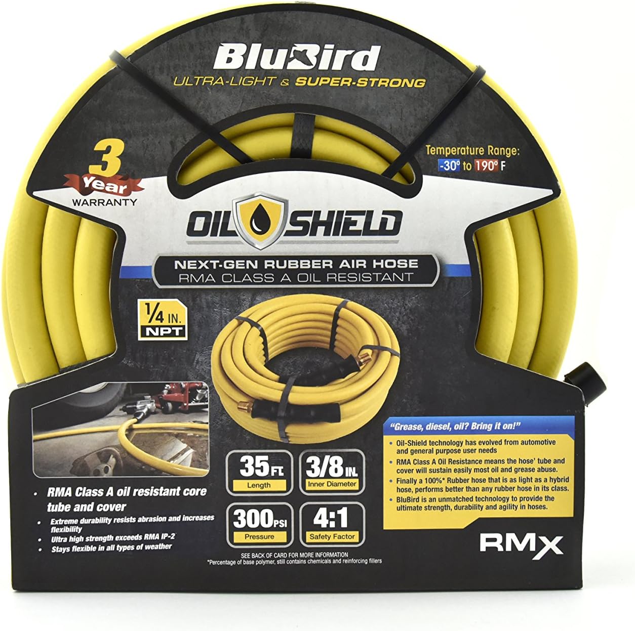 Oil Shield - Lightest, Strongest, Most Flexible Class A Rubber Air Hose (3/8