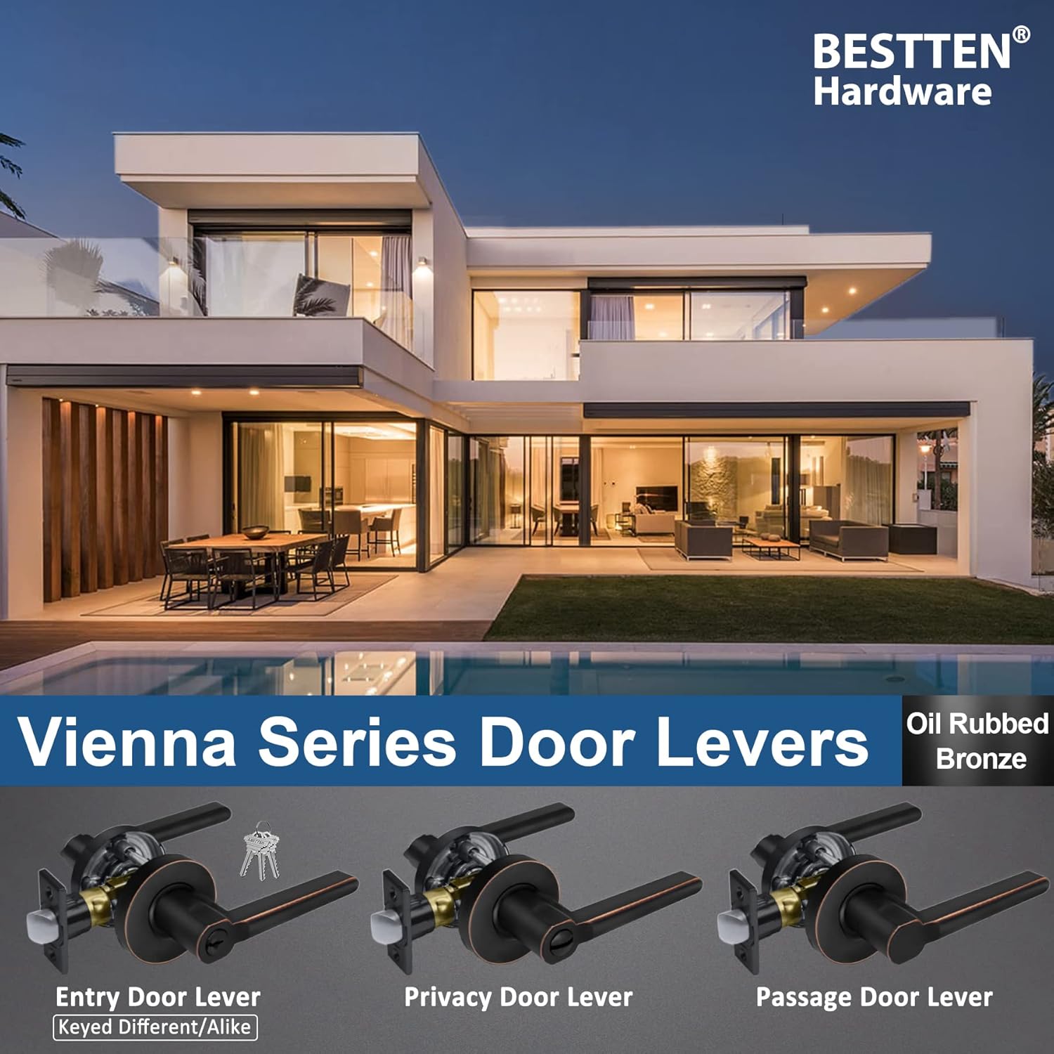 [2 Pack] BESTTEN Heavy Duty Oil Rubbed Bronze Keyed Alike Entry Door Lever Set with Lock, All Metal Door Handle with Removable Latch Plate, Exterior Interior Entry Locks and Same Keys, Vienna Series Pack of 2