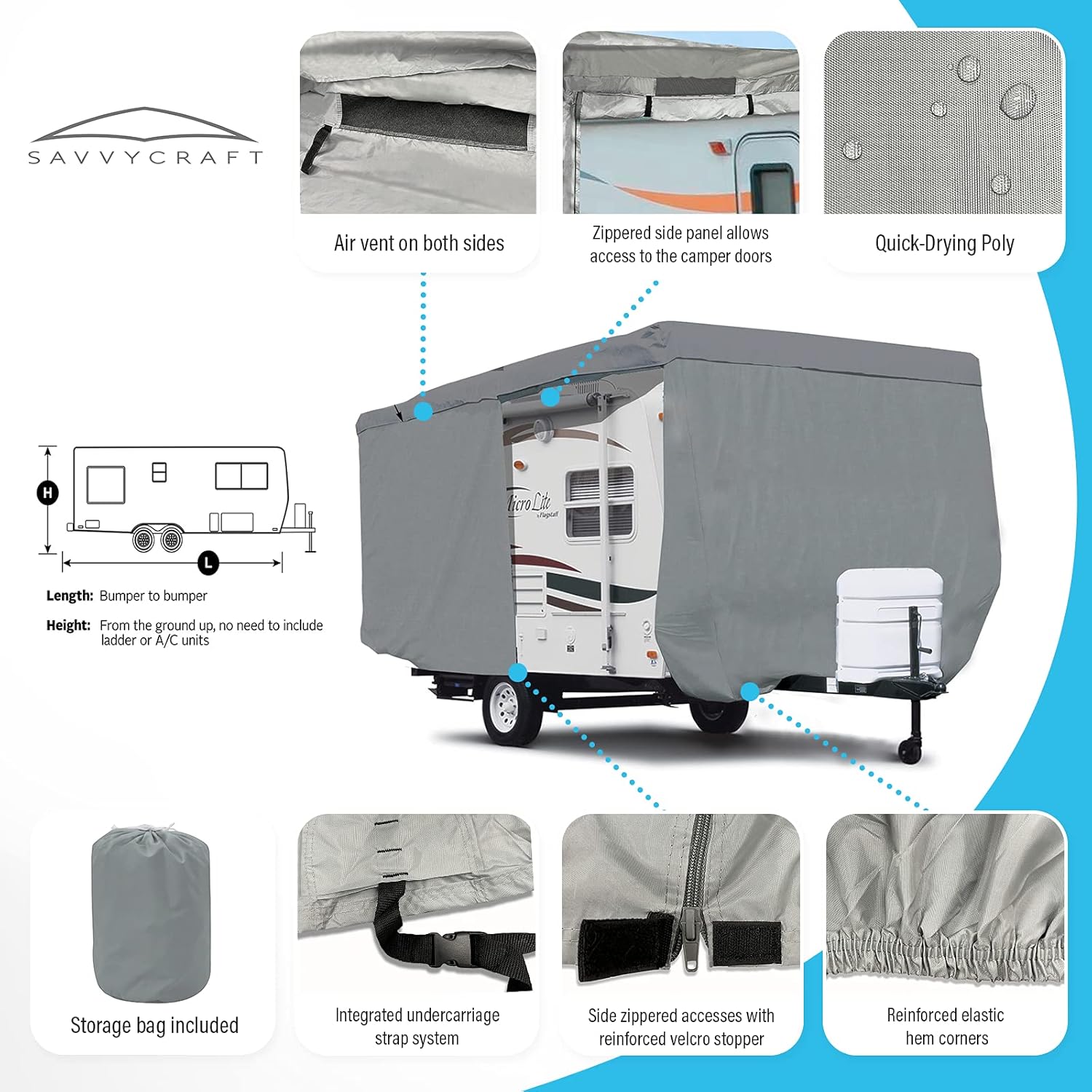 SavvyCraft Deluxe Travel Trailer RV Cover Camper Cover with Access Panels Fits 14'-16'L
