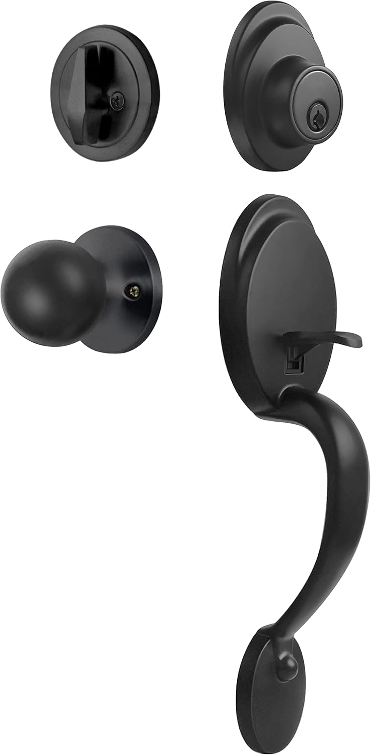 BESTTEN Front Door Handleset with Keyed Entry Deadbolt Lock Set, Single Cylinder, Entrance Adjustable Handle with Interior Knob, Traditional Oval Style, All Metal, Matte Black Pack of 2