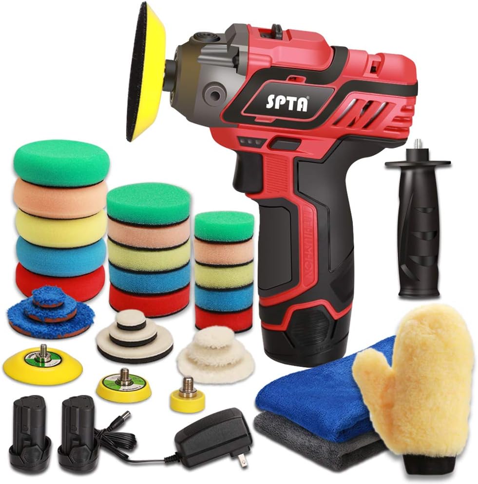 SPTA 12V Cordless Car Polisher Tool Sets, Cordless Drill Variable Speed Polisher and Buffer,1500mAh Li-ion Battery with Fast Charger and Polishing Pads for Car Detailing and Paint Polishing Pack of 2