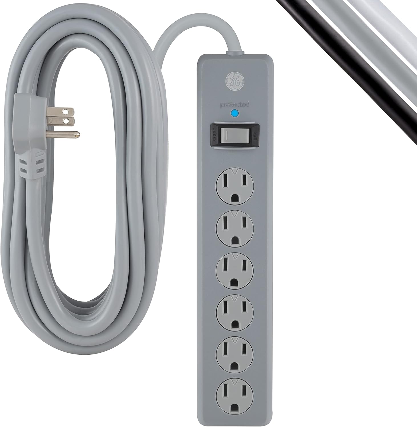 GE 6-Outlet Surge Protector, 2 Pack, 20 Ft Extension Cord, Power Strip, 800 Joules, Flat Plug, Twist-to-Close Safety Covers, Protected Indicator Light, UL Listed, White, 54653 Pack of 2