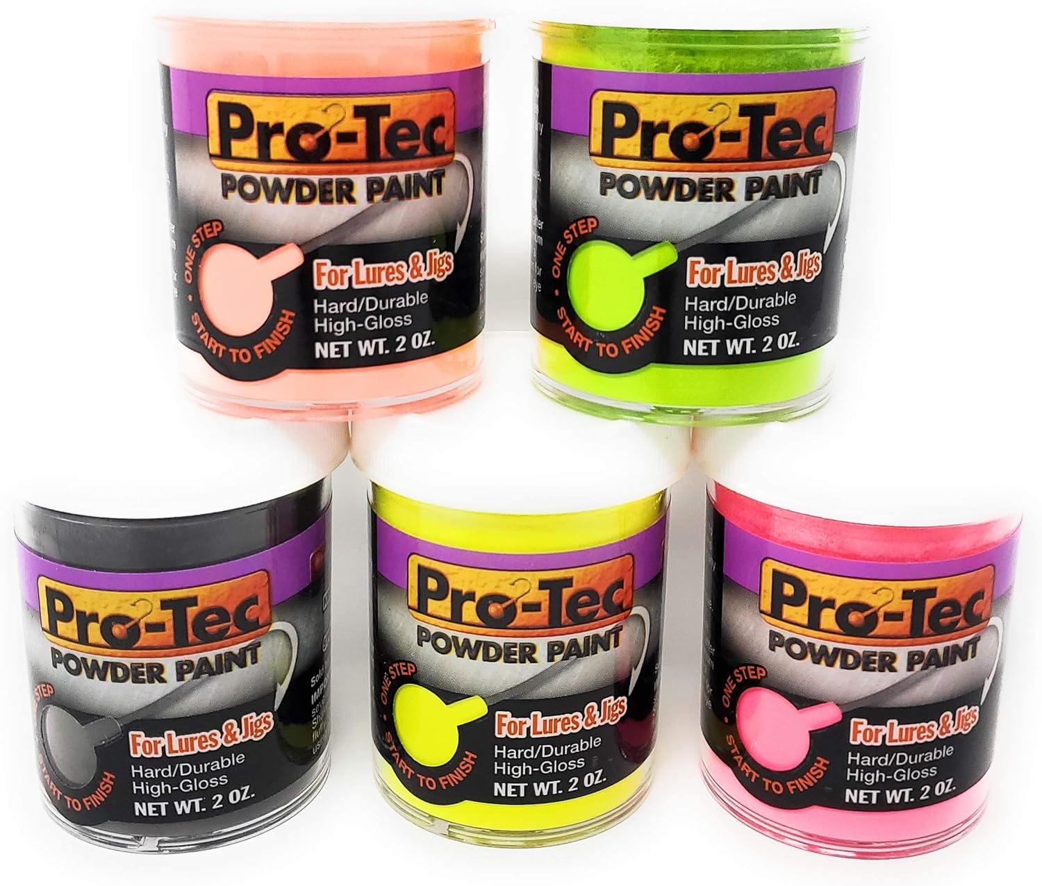 Welch Products 5 x 2oz Pro-Tec Jigs and Lures Powder Paints, Jig Head Fishing Paint, Fishing Lure Paint - High Gloss Powder Coating Paint - Hot Pink, Green & Yellow Chartreuse, Black, Blaze Orange Pack of 2