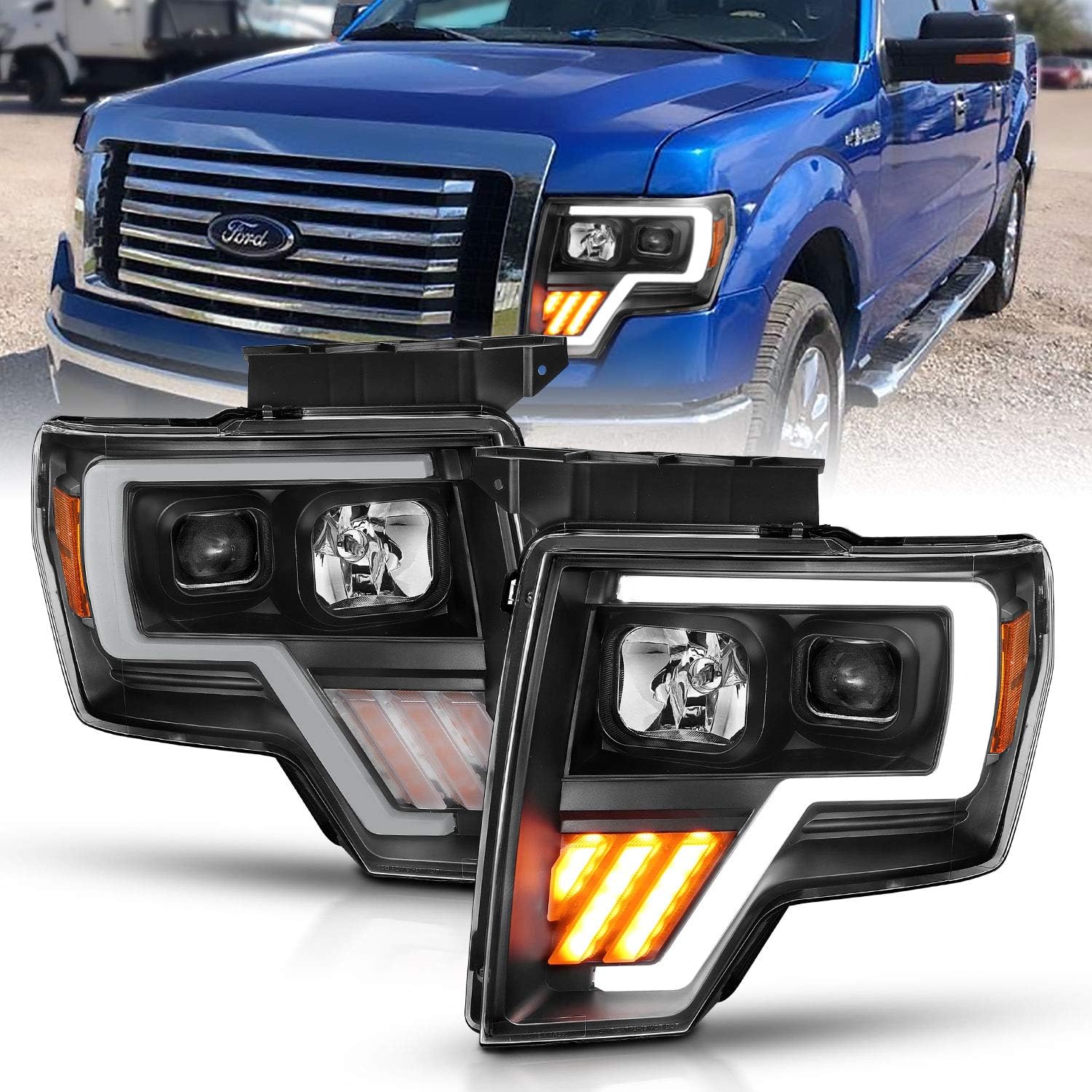 AmeriLite Black Projector Headlights LED Bar and Turn Signal Set for Ford F-150 - Passenger and Driver Side