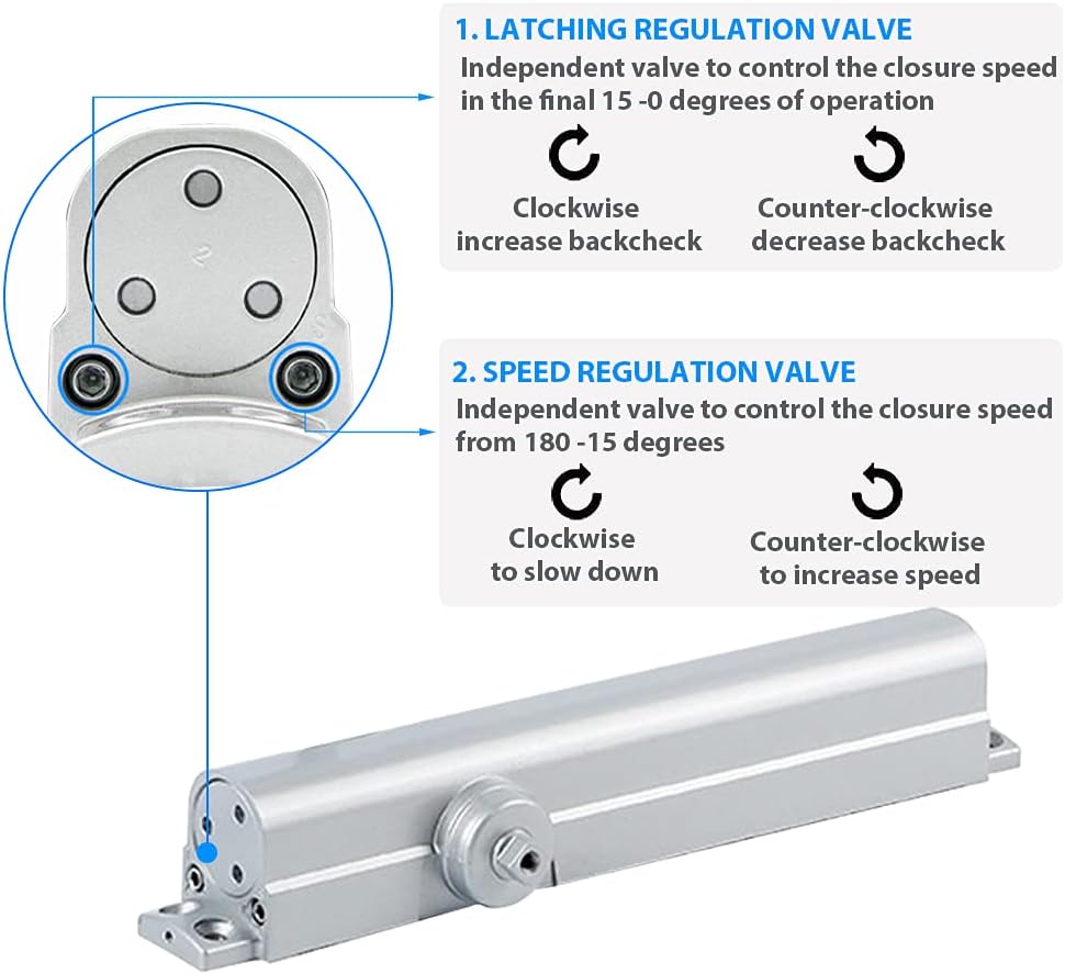 Adjustable Medium/Heavy Commercial Door Closer HD-8000 (Silver), Grade 1 Standard Automatic Door Closer, for High Traffic Areas, Fitting Instructions UL Listed, Hydraulic Door Closer by HEINDA .