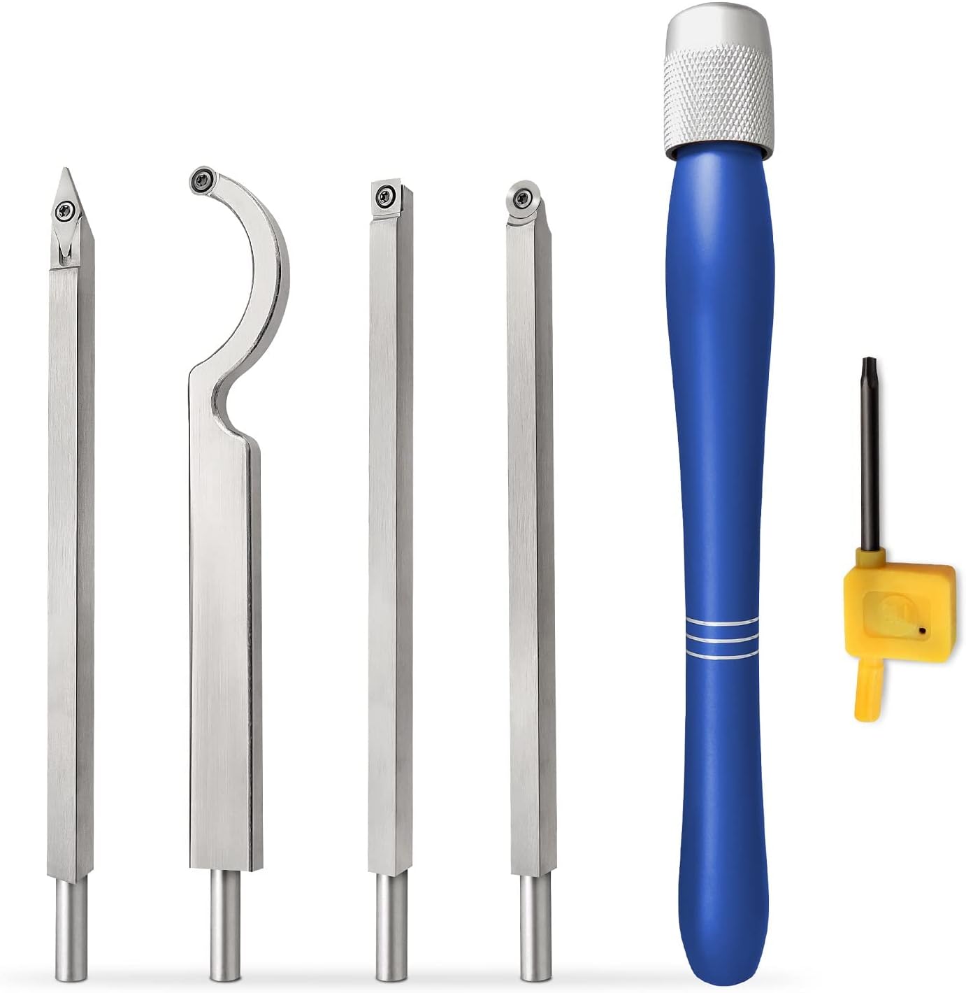 Carbide Tipped Wood Turning Tool Set, Fast Tool Changing-over Design, Lathe Turning Tool include Rougher, Finisher, Detailer,Swan Neck Hollowing Tools and Alloy Handle (Blue handle 5pc) Pack of 2
