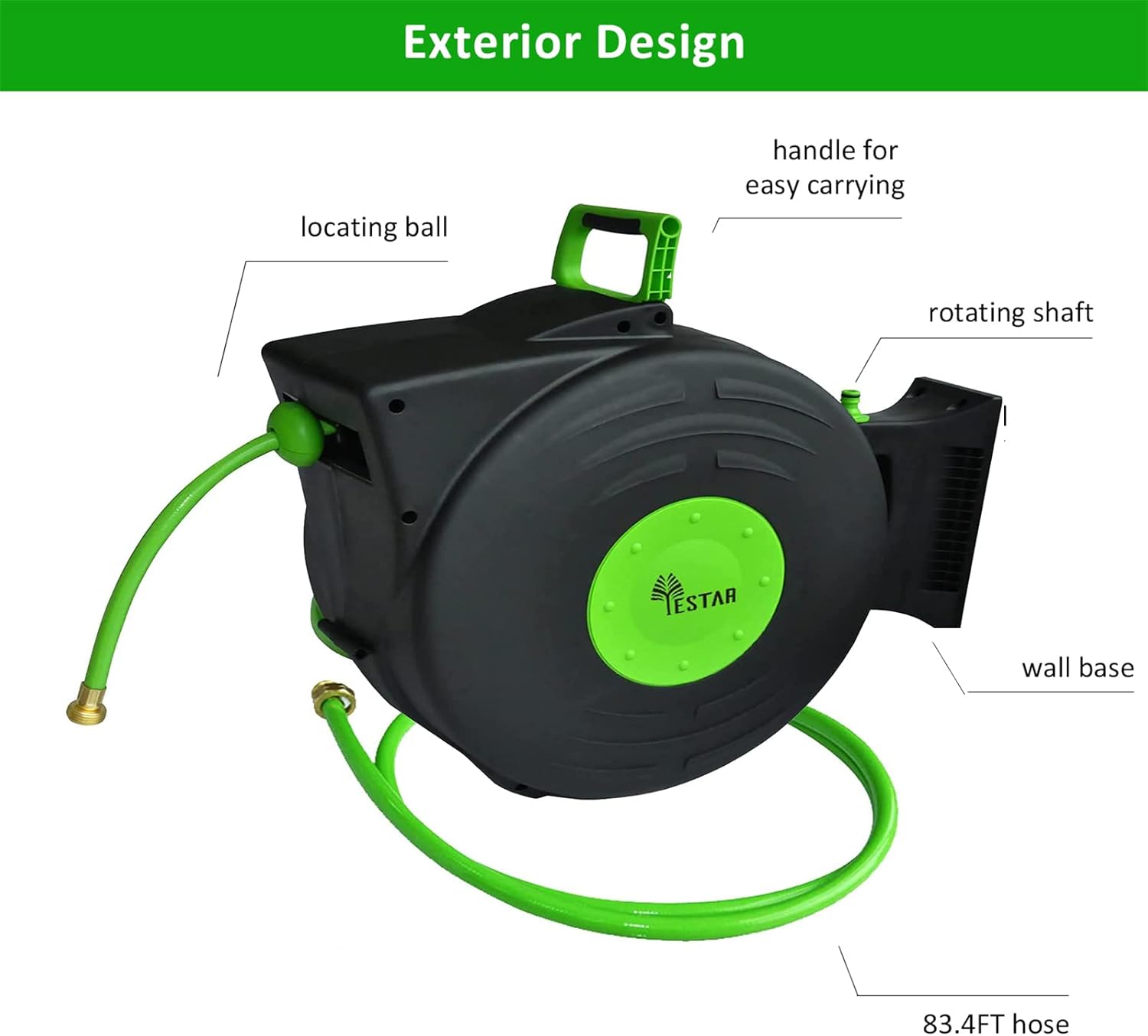 YESTAR Hose Reel Retractable 82ft+6.5ft, Brass Fittings, Super Heavy Duty, Auto Rewind,180°Swivel Bracket and Any Length Lock - Wall Mounted Water Hose Reel