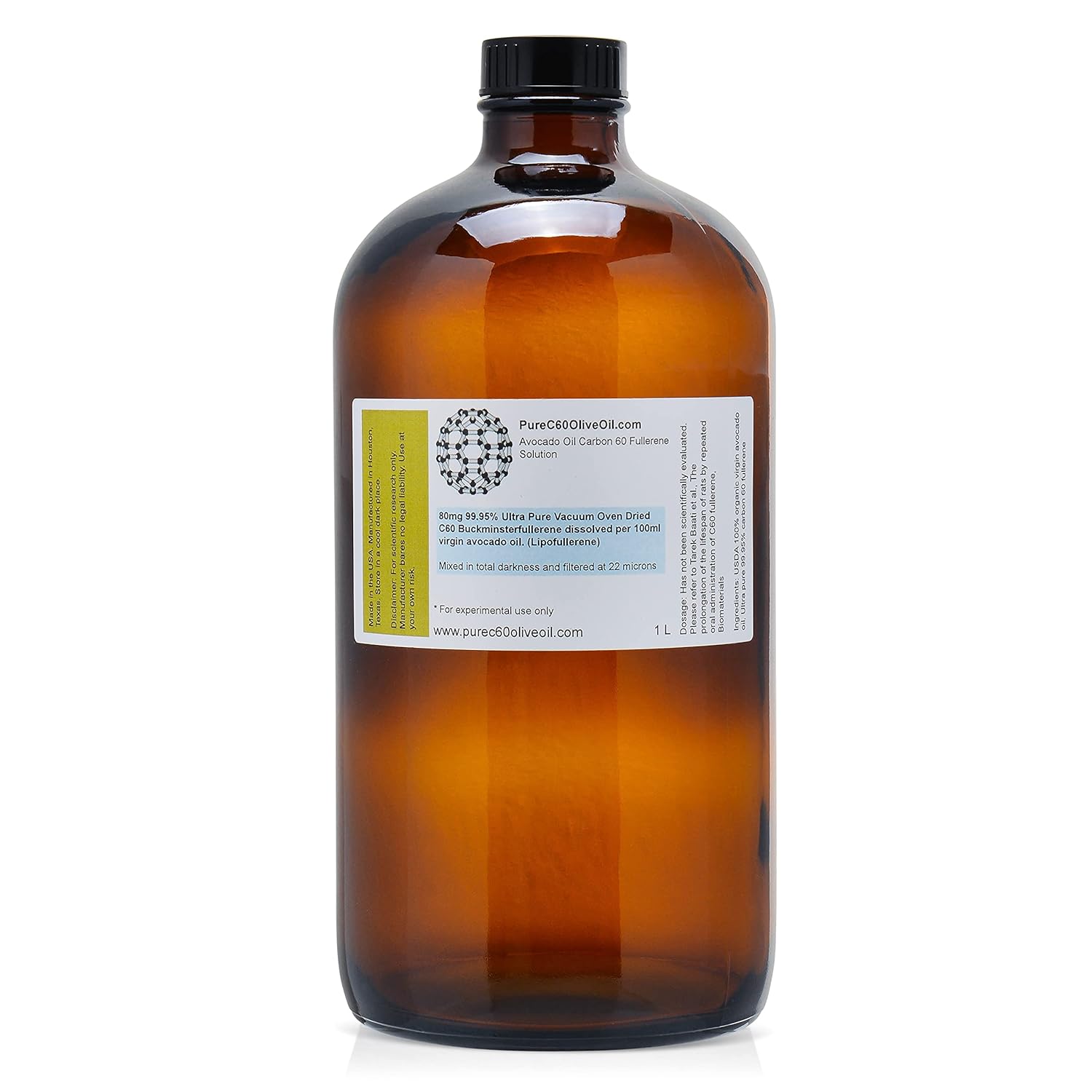 PureC60OliveOil C60 Avocado Oil 1L / 33.8 Fl Oz - 99.95% Carbon 60 Solvent Free 800mg - Amber Glass Bottle - Food Grade - Third Party Tested - Carbon 60 Avocado Oil - From The Leading Global Producer