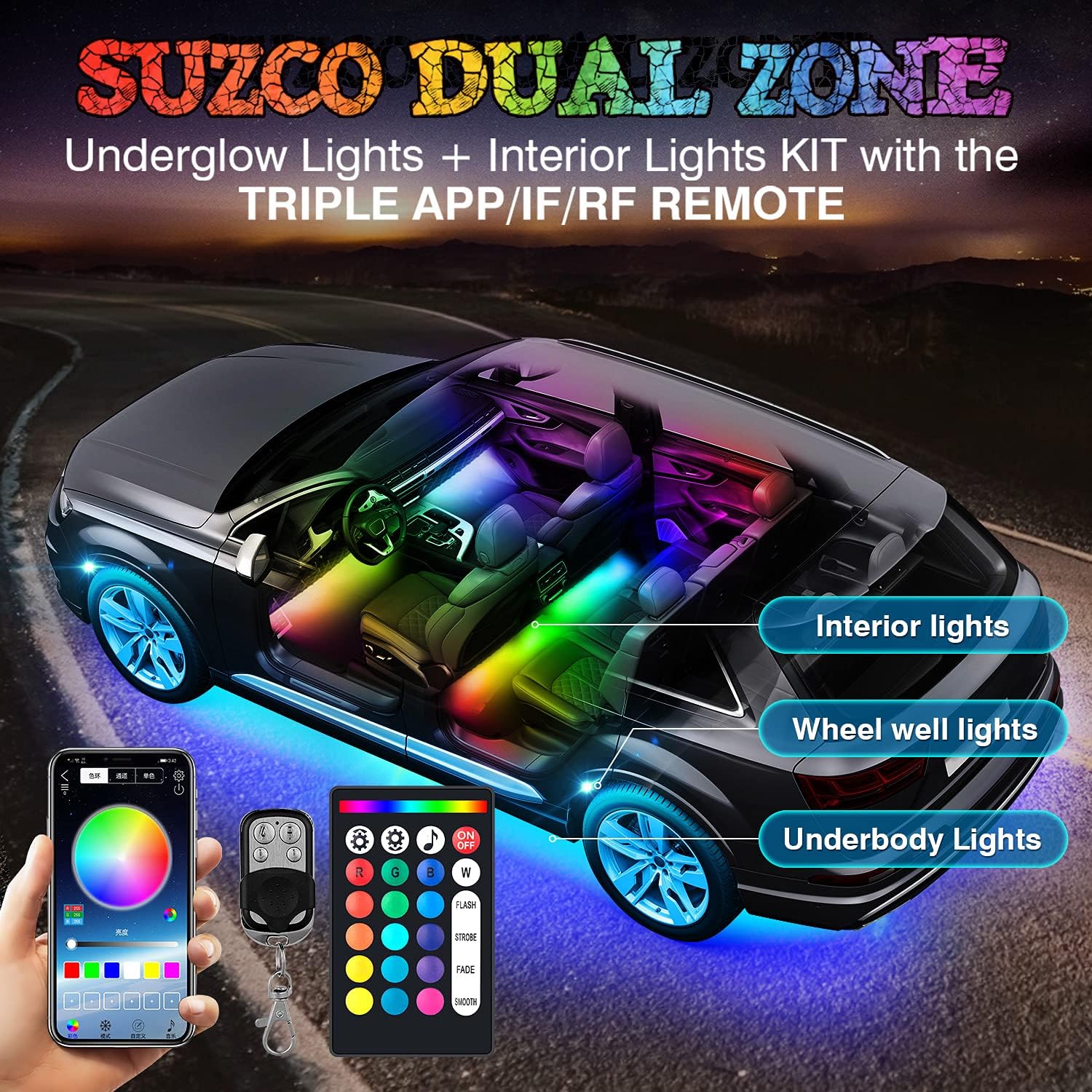 SUZCO 10-pods Trucks LED RGB Neon Underglow Rock Under Wheel Well Lights Kit, Dual-Zone Interior Light Kit with APP/RF/IR, Sync Music Under Lights Waterproof 12V for Truck Jeep ATV UTV Offroad Pack of 2