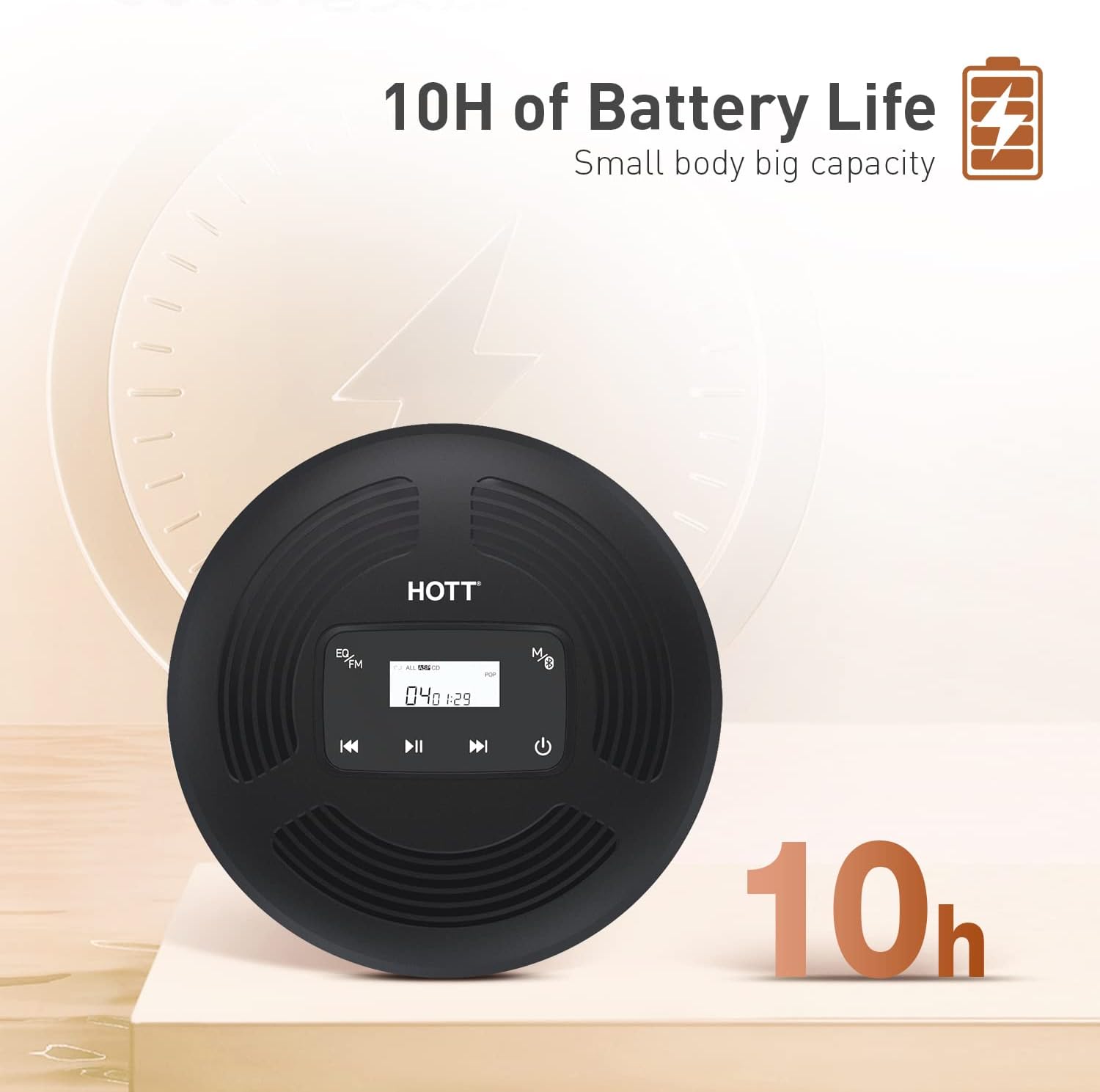 HOTT CD903TF Rechargeable Portable CD Player with Bluetooth for Car with AUX Output and FM Transmitter,Touch Buttons ,Headphones Anti-Shock Protection-Black