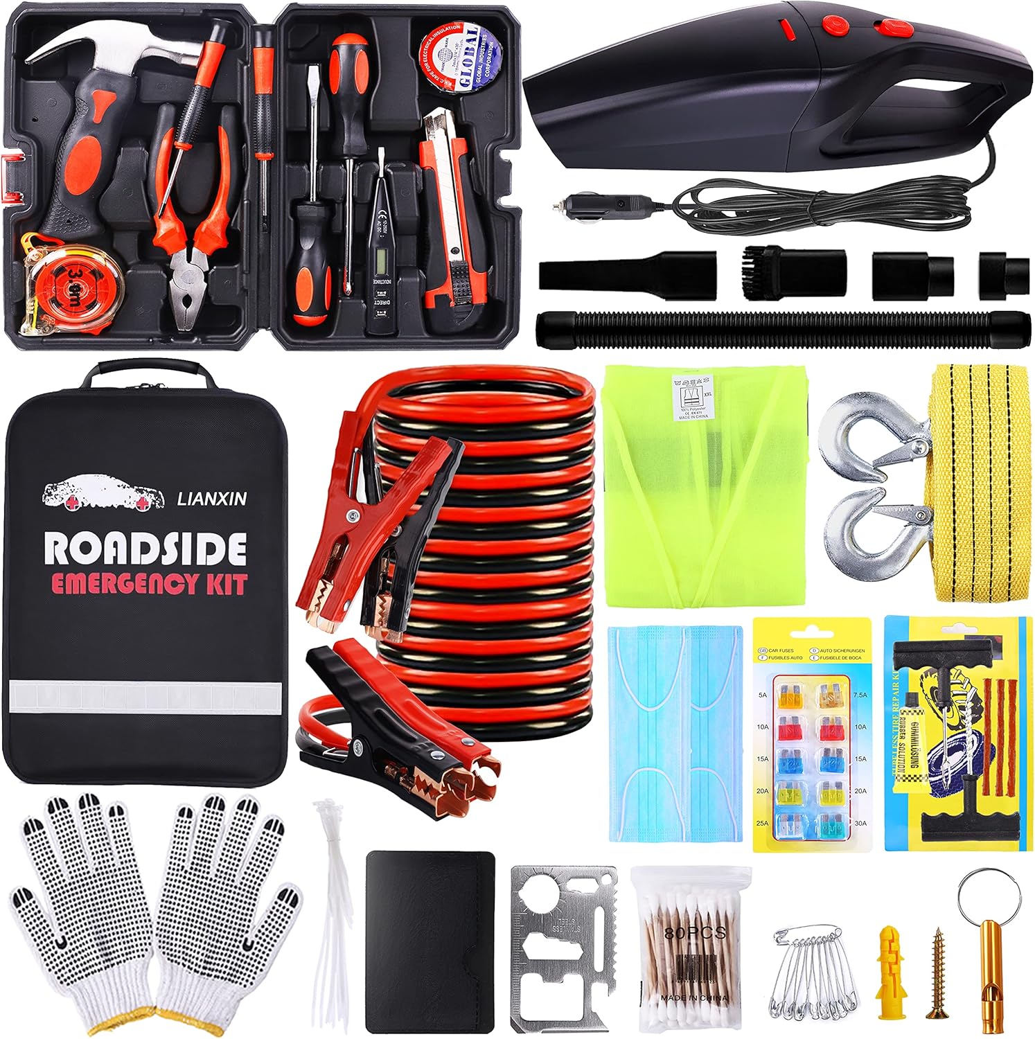 LIANXIN Car Emergency Safety Kit - Auto Vehicle Truck Safety Emergency Road Side Assistance Kits with High Power Handheld Vacuum, Jumper Cables,Hand Tool Kit, First Aid Kit, Tow Rope. Pack of 2