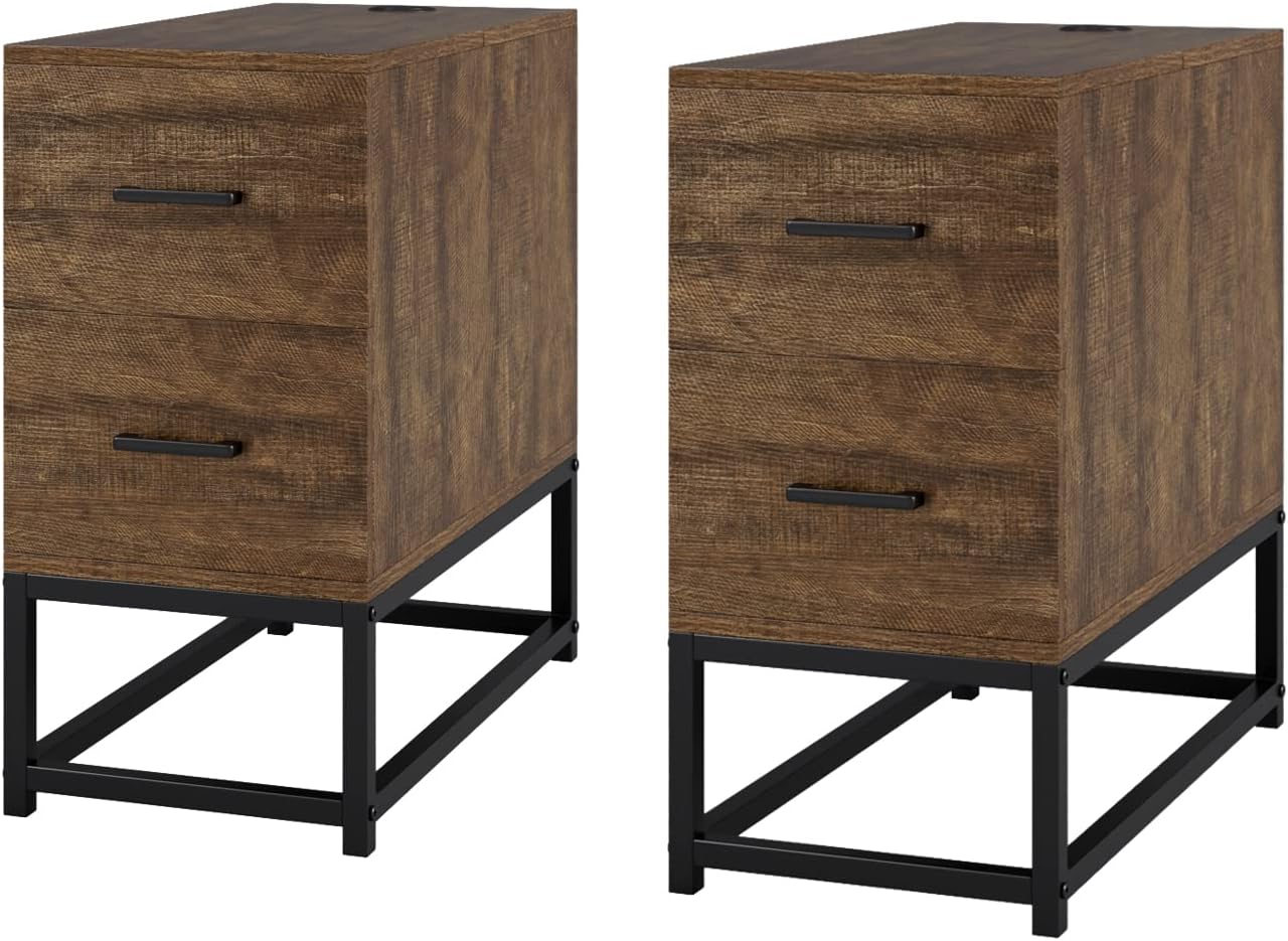 HIFIT End Table, Narrow Side Table with Drawers, Flip Top End Side Table with Storage for Small Space, Bedside Table for Living Room Bedroom, Walnut Brown Pack of 2