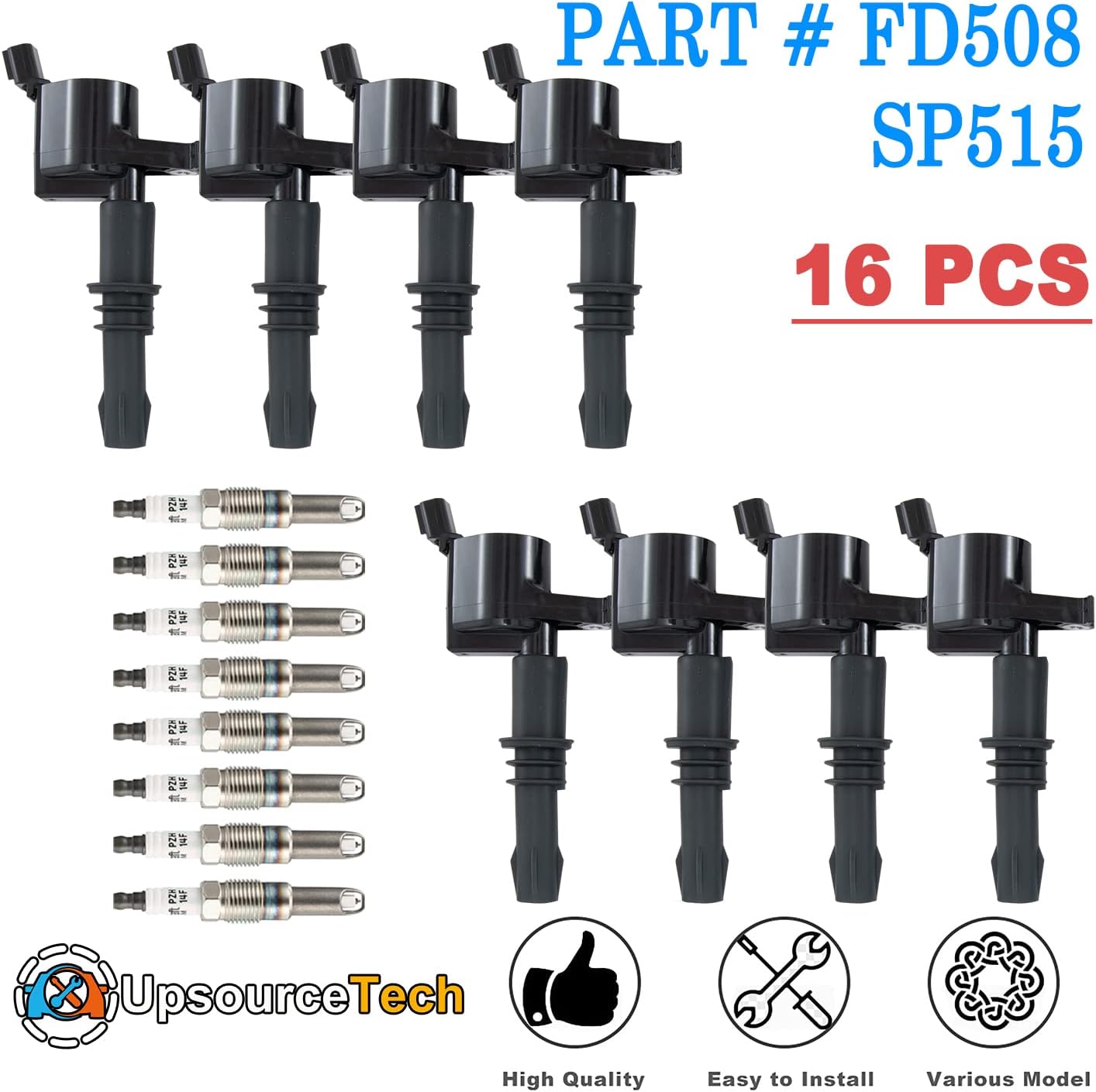 FD508 Ignition Coils pack x 8 & SP515 Spark Plugs x 8 for Fo-rd F150 F-250 F-350 F-450 F-550 Super Duty Expedition Explorer Mustang/ Mark LT Navigator 2004 2005 2006 2007 2008 4.6L 5.4L 6.8L V8 DG511