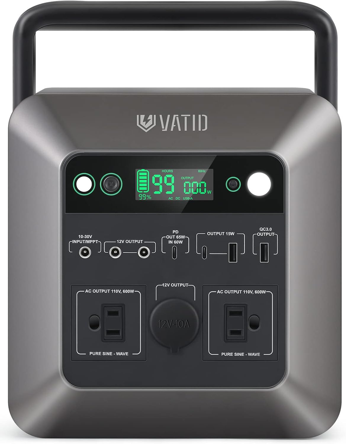 VATID Portable Power Station, 1000W Peak(Rated 600W),3.3hrs 80% Recharge, 712.25Wh Solar Generator,110V AC Pure Sine Wave,12V 10A Regulated DC,65W USB PD,Ultra-light Rechargeable Power Station (Black)
