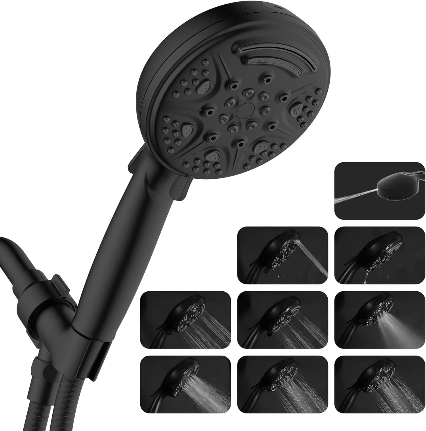 9-Mode Showerhead, High-Pressure Showerhead With Water-Saving Mode and Rehydrating-Spray Mode, Handheld Showerhead With 59-Inch Hose, Easy Installation, California Compliant (Silver) Pack of 2