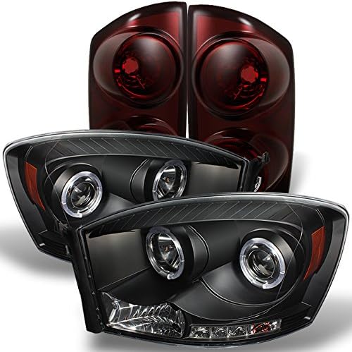 AKKON - For Dodge 07-08 Ram 1500 |2009 2500 3500 Black Dual Halo Projector LED Headlights+ Dark Red Tail Lights