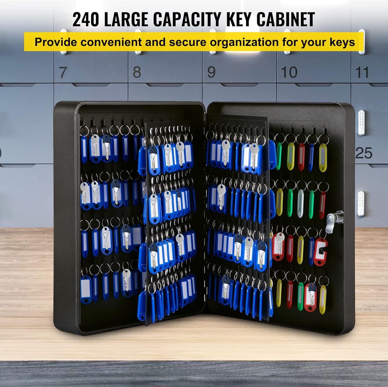 VEVOR Key Cabinet, Key Lock Cabinet Steel, Q235 Steel Key Storage, Wall Mounted Key Storage Box, Black Key Box Organizer for School, Office, Hotel, Bank (240 Positions)