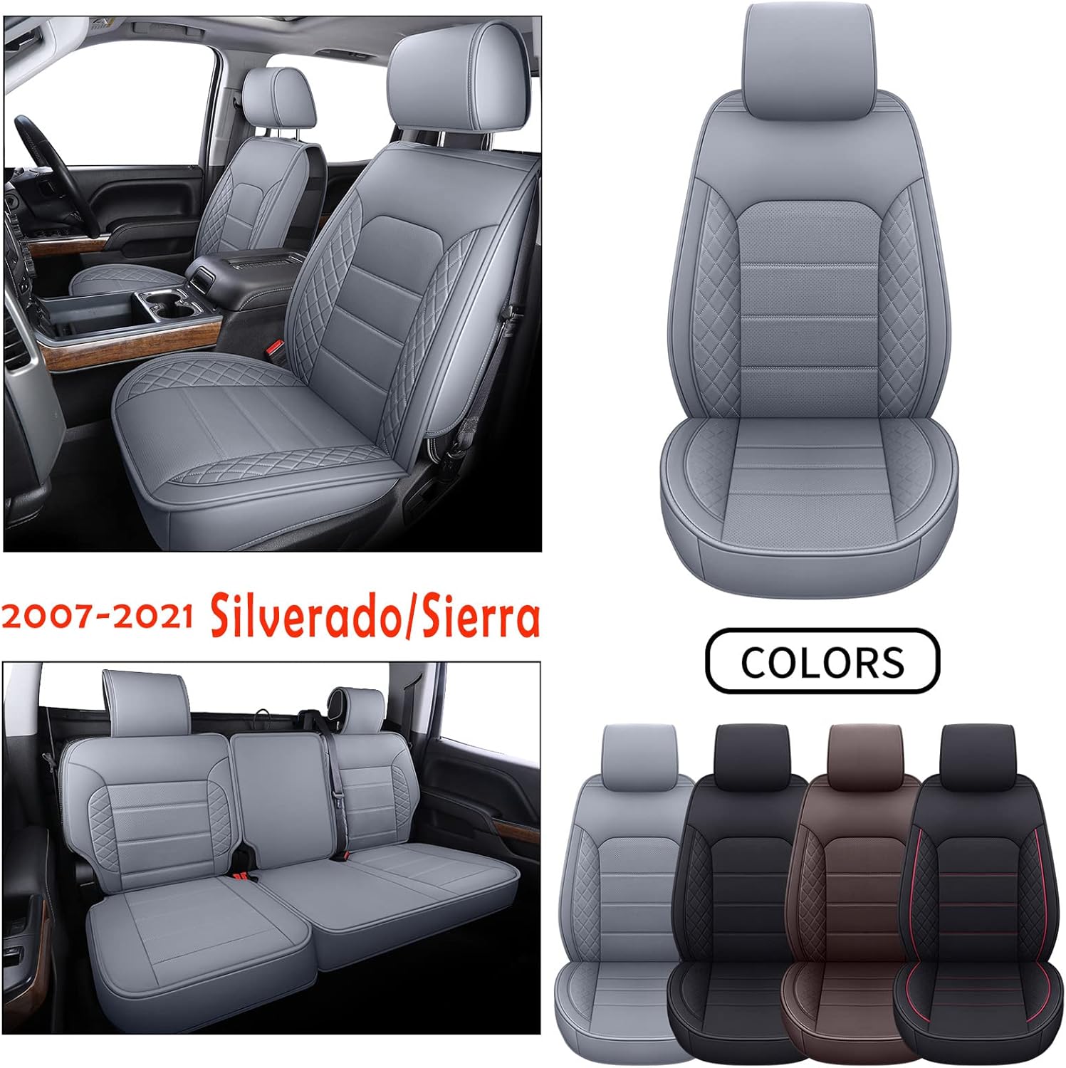 LUCKYMAN CLUB Chevy Silverado/Sierra X04-S3 Seat Covers Full Set, Fit 2007-2013&2019-2022 1500/2008-2014&2020-2021 2500 HD/3500 HD Crew Cab with Water Proof Faux Leather (Full Set, Brown)