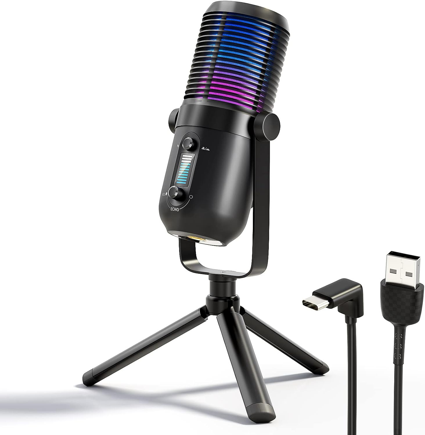 USB Microphone for PC, RGB Gaming Desktop Microphone Condenser Mic with Tripod Stand for Streaming, Studio Recording, Podcast, Computer Cardioid Condenser mic Compatible with Flexible Boom Arm Stand… Pack of 2