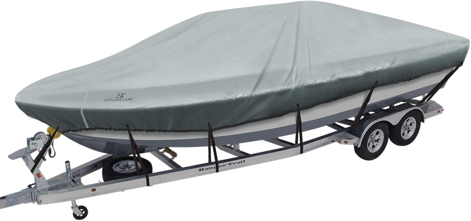 Explore Land Trailerable Waterproof Boat Cover Fits 20'-21'Long Beam Width up to 106