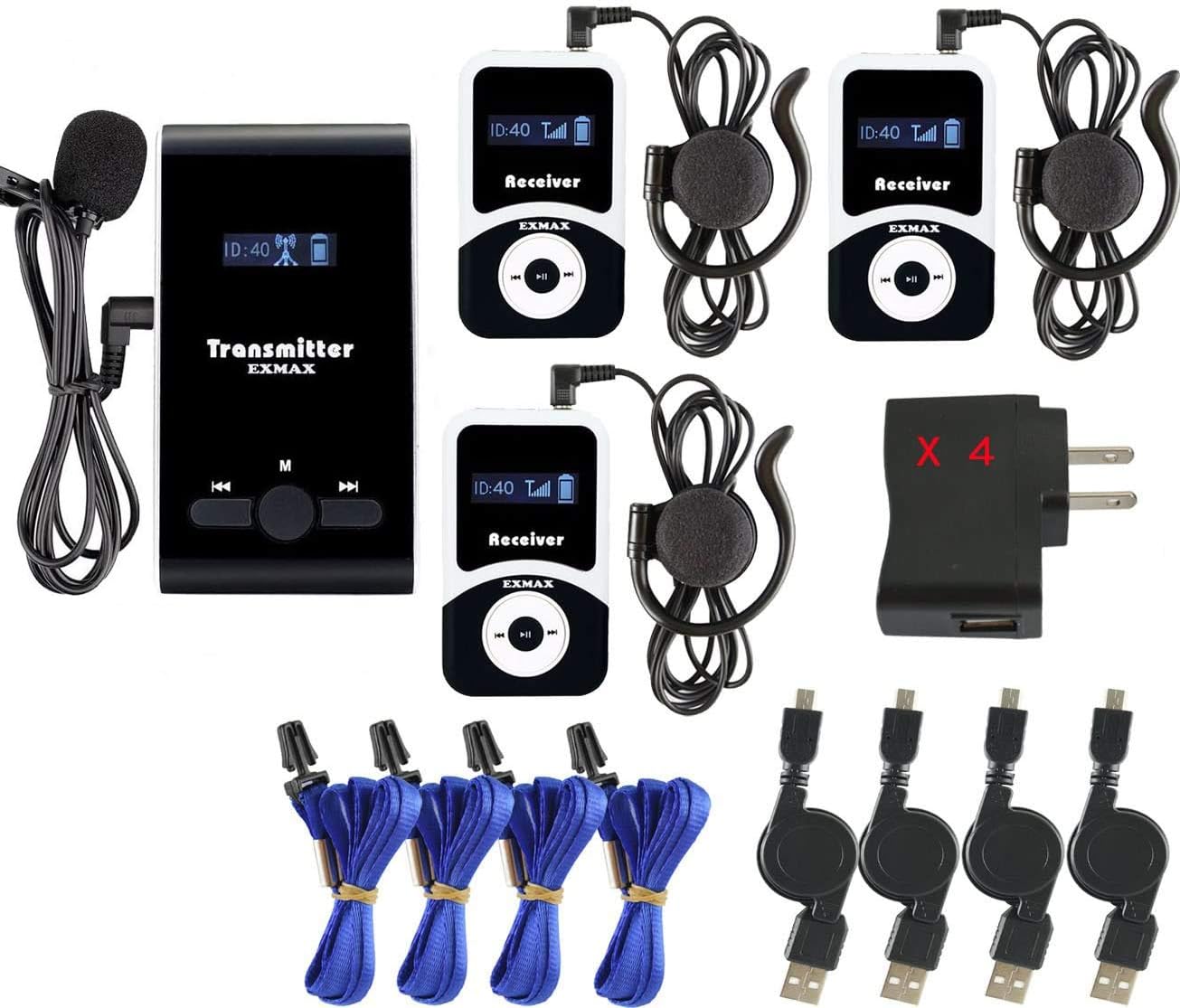 EXMAX ATG-100T 195-230MHz Wireless Tour Guide System Church Translator Headsets Voice Transmission Lavalier Microphone Simultaneous Church Translation Interpreter Equipment(1 Transmitter 3 Receivers)