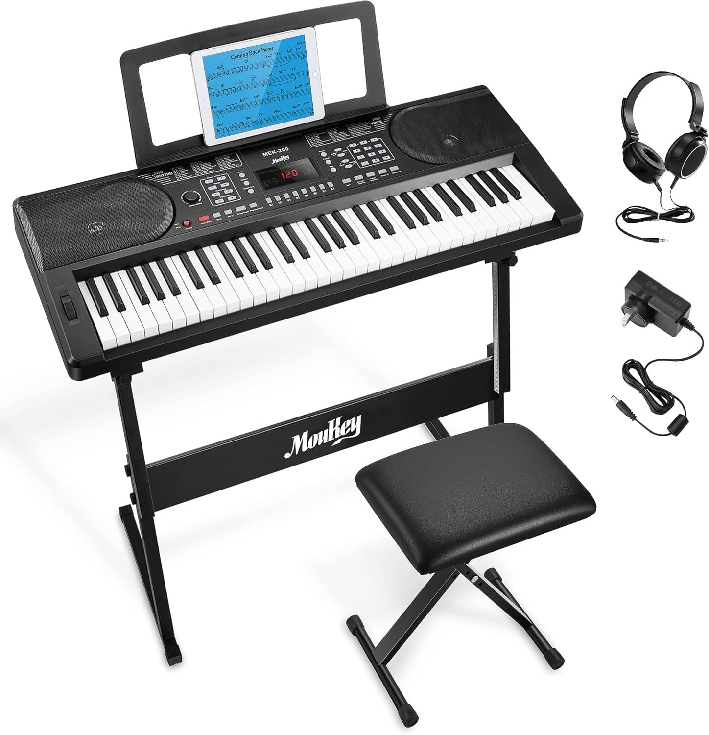 Moukey Keyboard Piano, 61 Key Piano Keyboard, Full-Size Electric Piano, Superior Sound and Powerful Functions, Electric Keyboard with Digital Piano Stand, Music Stand, Bench and Headphones