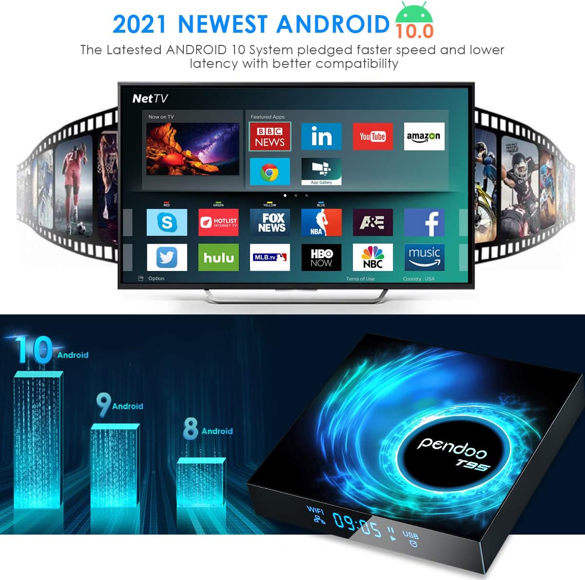 Android TV Box 10.0 4GB RAM 128GB ROM, 2021 Upgraded Pendoo T95 Android TV Box Allwinner H616 2.4G/5.8GHz WiFi Bluetooth, Android Box 10.0 with Wireless Mini Keyboard Ultra HD 6K HDR TV Box.