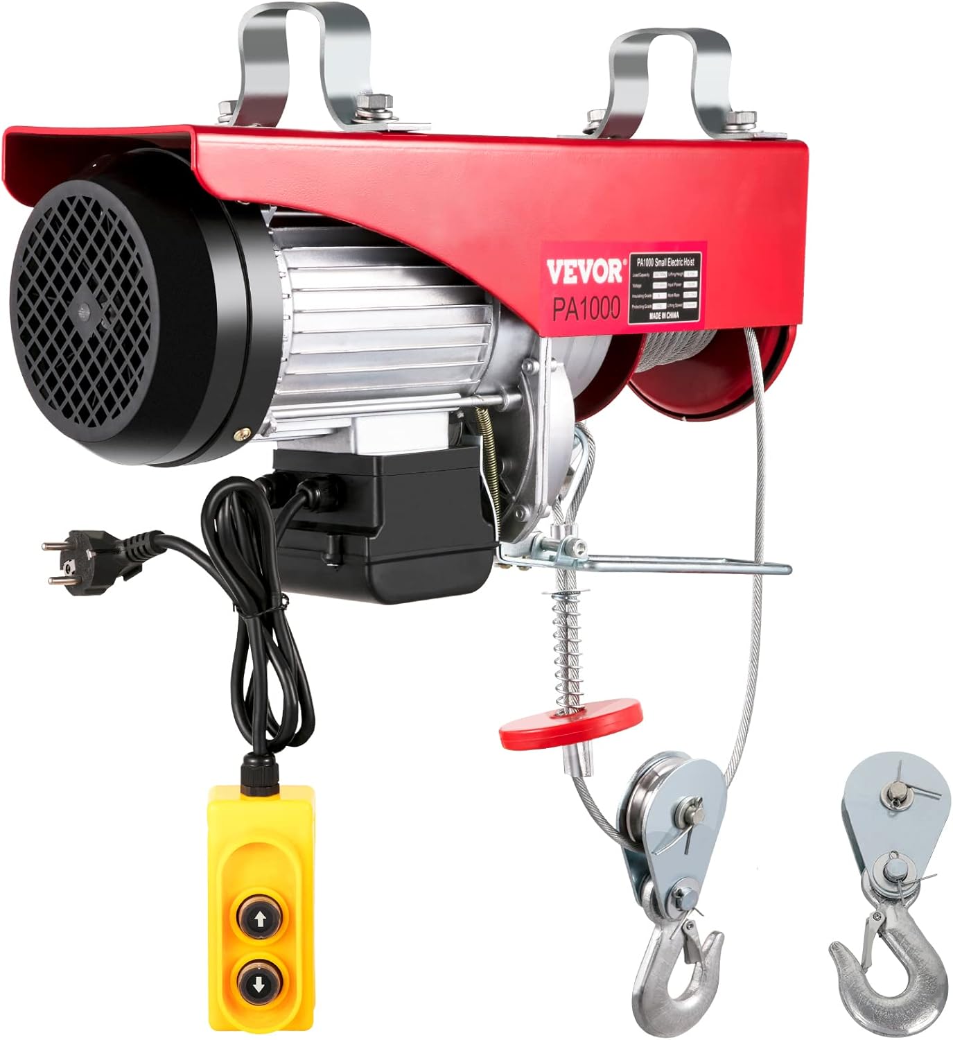 Happybuy Electric Hoist, 2200 lb Overhead Crane Garage w/Steel Hook, Remote Control & Emergency Stop Switch Ceiling Pulley Winch for Warehouse, Construction, Goods Lifting, 110V Red, 2200Lbs