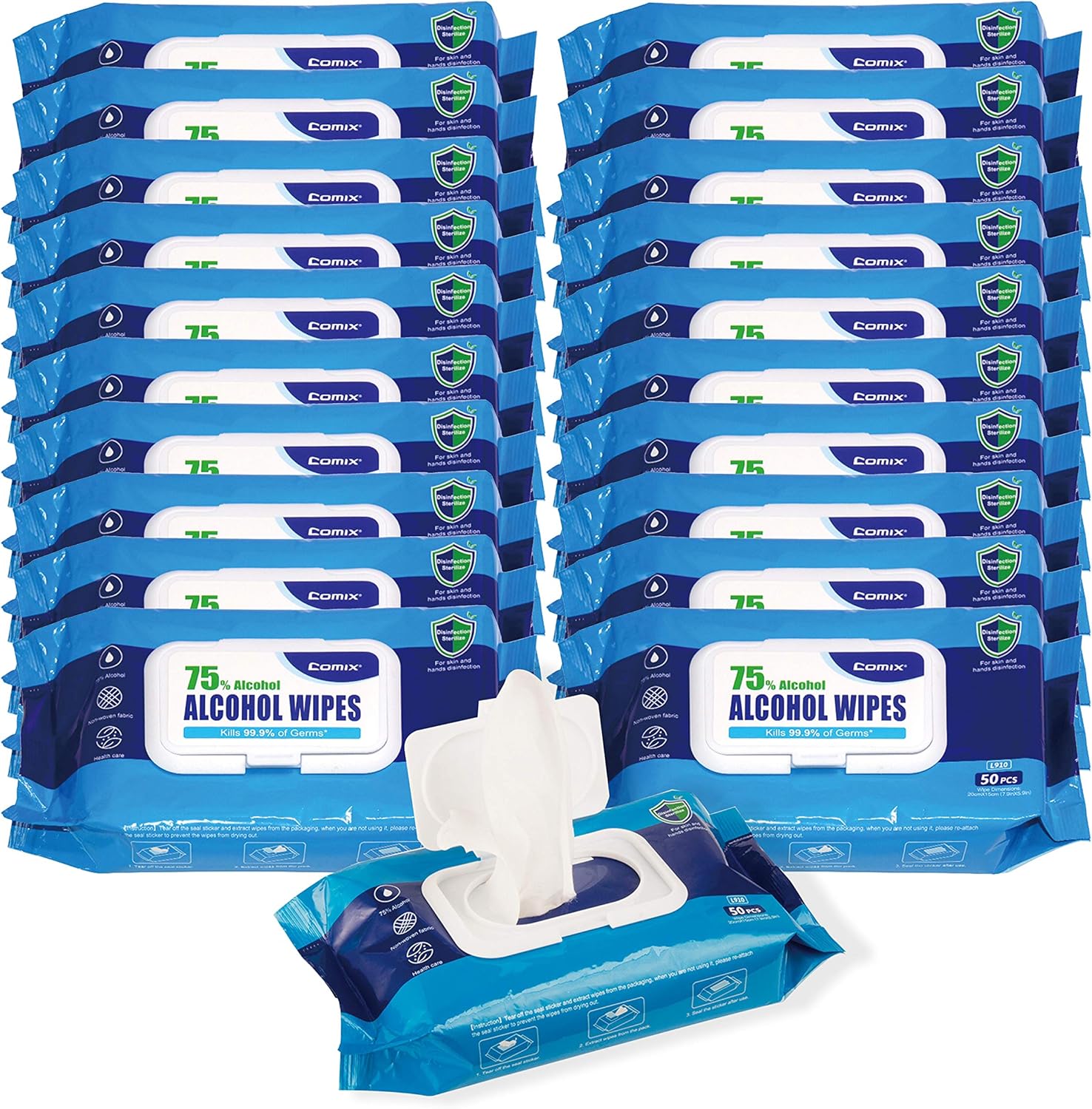 Comix Disposable Hand Sanitizer Wipes, 75% Alcohol Wipes, (Case: 20 Pouches of 50 Wipes) Pack of 2