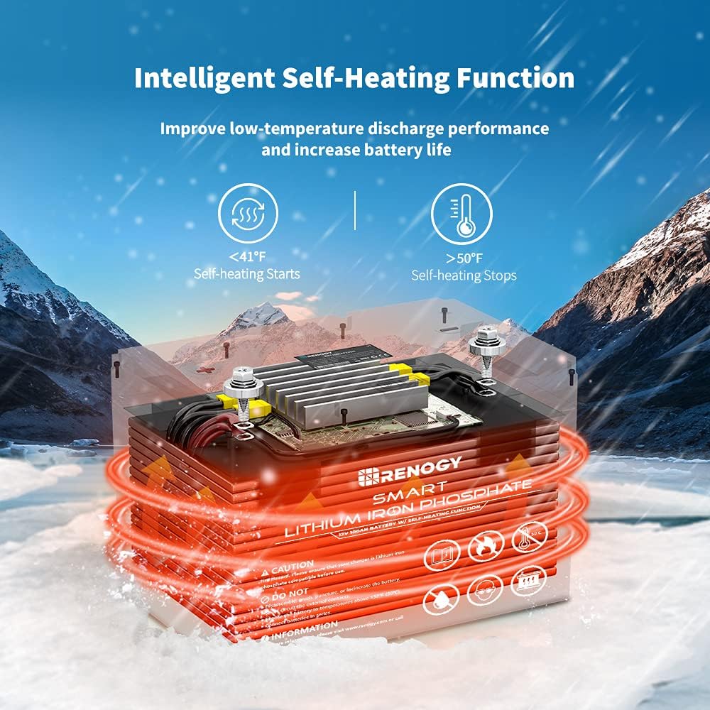 Renogy Smart Lithium-Iron Phosphate Battery 12V 100Ah w/Self-Heating Function for RV, Solar, Marine, and Off-grid Applications