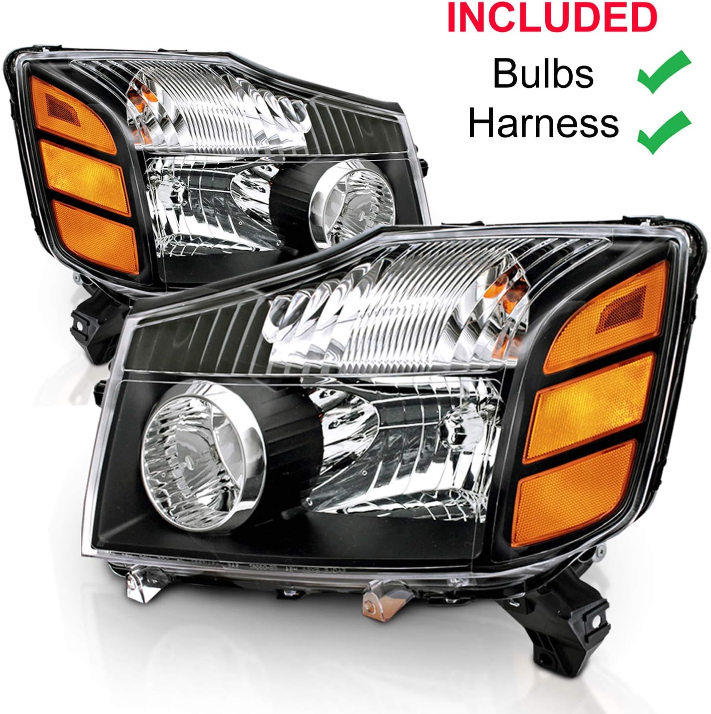 AmeriLite Black Replacement Headlights Amber Reflector for Armada/Titan - Passenger and Driver Side