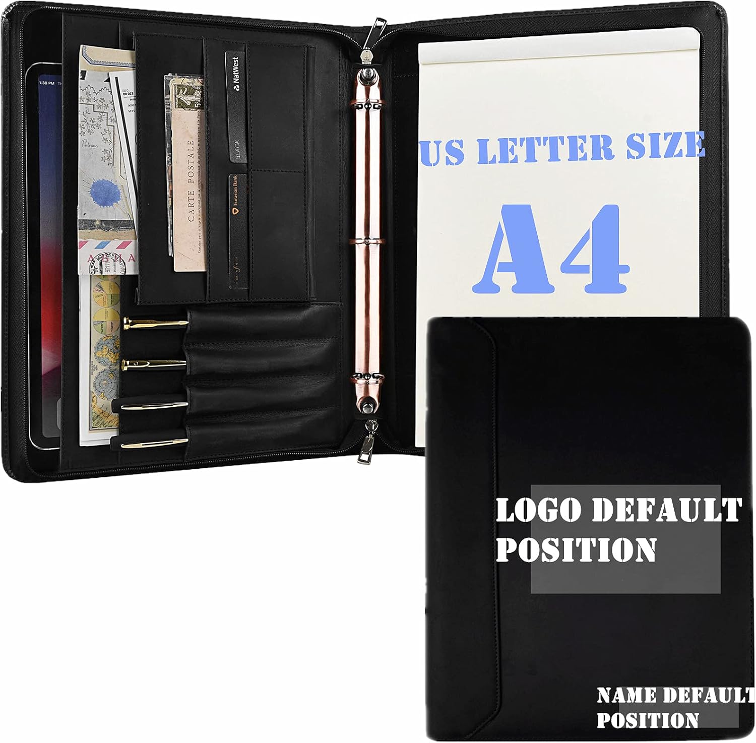 AZXCG Leather Padfolio Binder,Genuine Leather Portfolio Folder with YKK Zipper, Chrismas Gift Resume Portfolio for Son/Husband,Business Document Organizer, Dark Brown