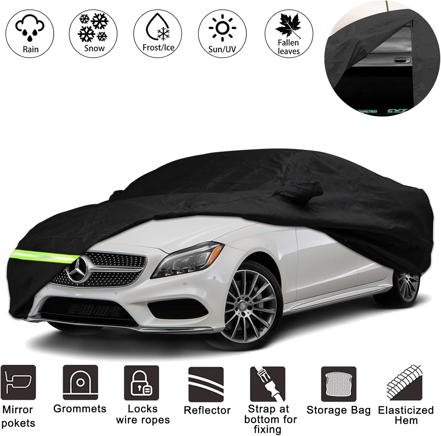YIXIN Waterproof Car Cover for 2006-2021 Mercedes Benz E Class Sedan E250 E320 E300 E350 E400 AMG 190T Covers Custom Fit 100% Waterproof Windproof Strap & Double Door Zipper Up to 205” L (Black) Pack of 2