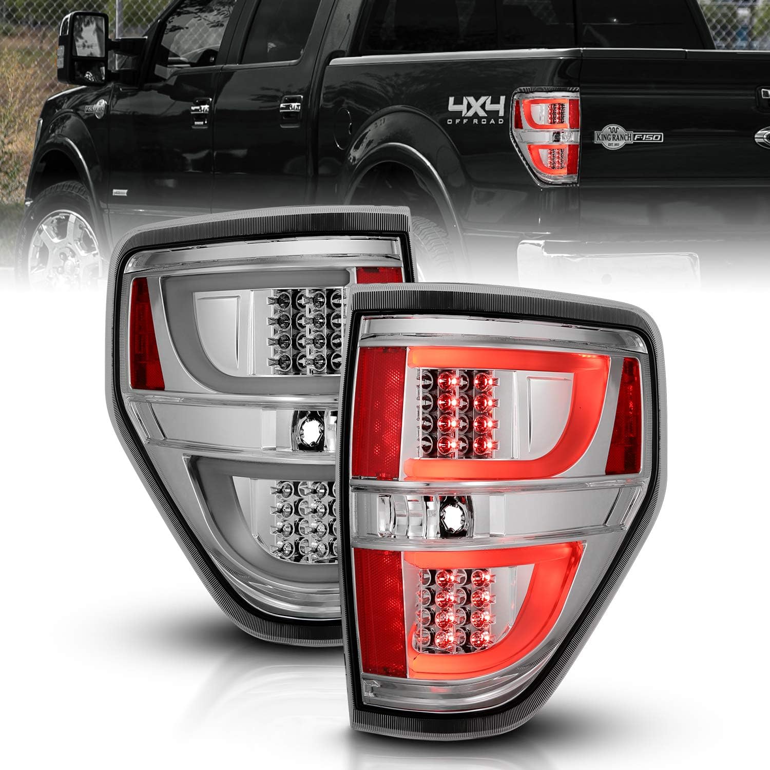 AmeriLite Light Chrome Housing Light Tint Smoke Lens LED Tube Bar Replacement Brake Tail Lights Set for Ford F-150 Truck - Passenger and Driver Side