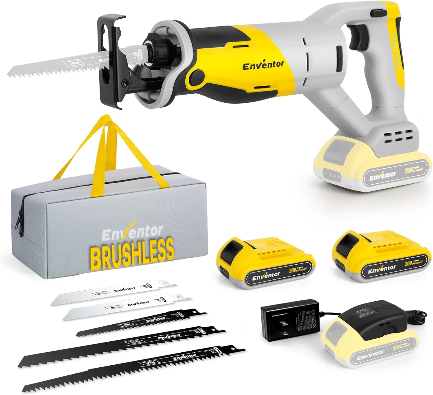 Reciprocating Saw, ENVENTOR 20V MAX Brushless Cordless Sawzall with Two 2.0AH Battery Packs, 3000RPM, 7/8