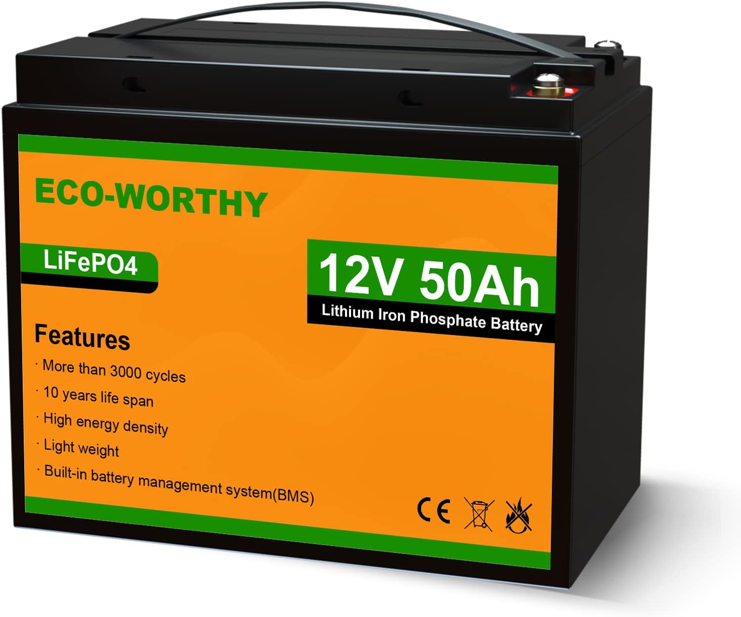 ECO-WORTHY 12V 50Ah LiFePO4 Lithium Battery 3000+ Cycles Rechargeable Iron Phosphate Battery Built-in BMS, Perfect for Travel Trailer, RV, Marine, Solar, Household Battery