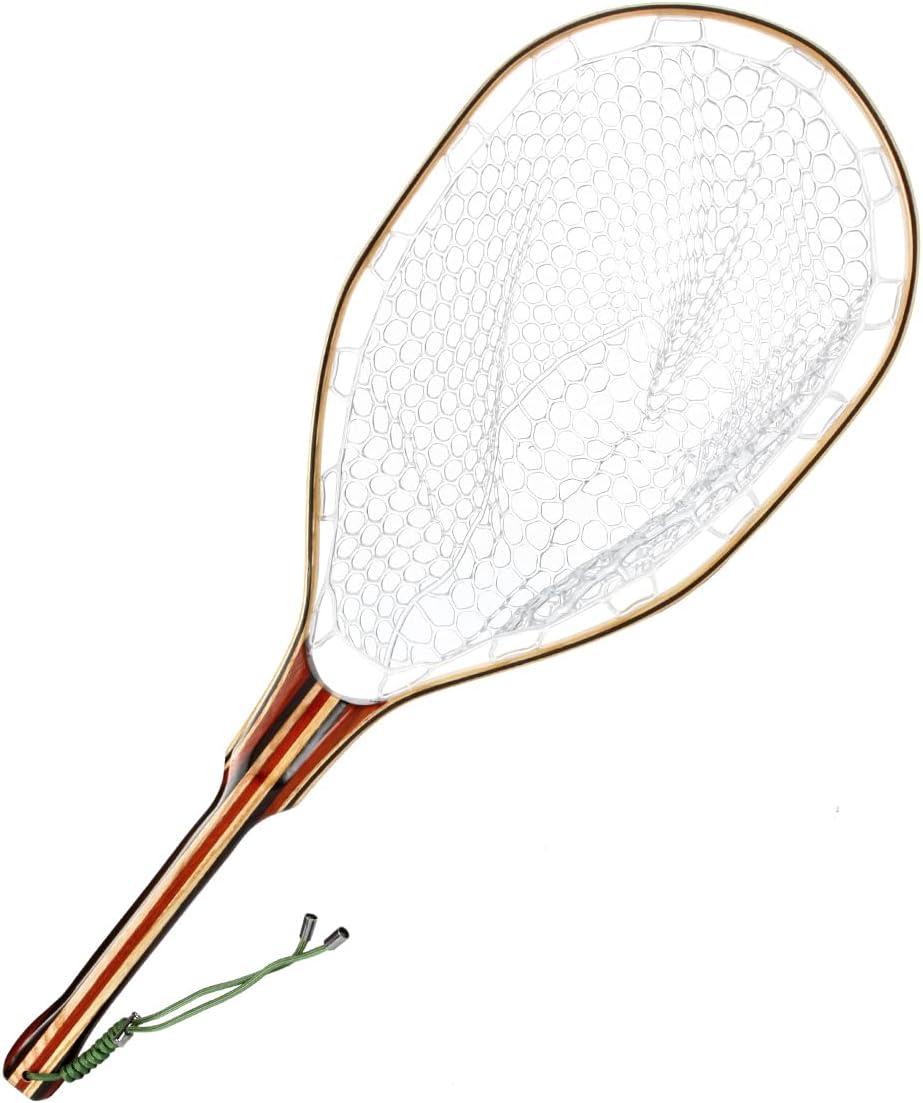 Yamuduo Fly Fishing Landing net - Thoughtful Design Handcrafted Wooden Trout Net with Knotless Soft Rubber Mesh Magnetic Release and lanyards Pack of 2