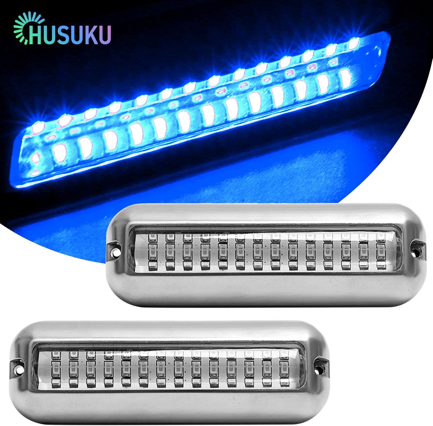 HUSUKU Mid 42LED 1500LM Marine Led Lights for Boat Underwater(Blue), 2PCS, 5.1inch, IP68, 316 Stainless Steel, Surface Mount for Yacht Pontoon Sailboat Kayak Skiff Duck Jon Accent Bass Boat Fishing Pack of 2