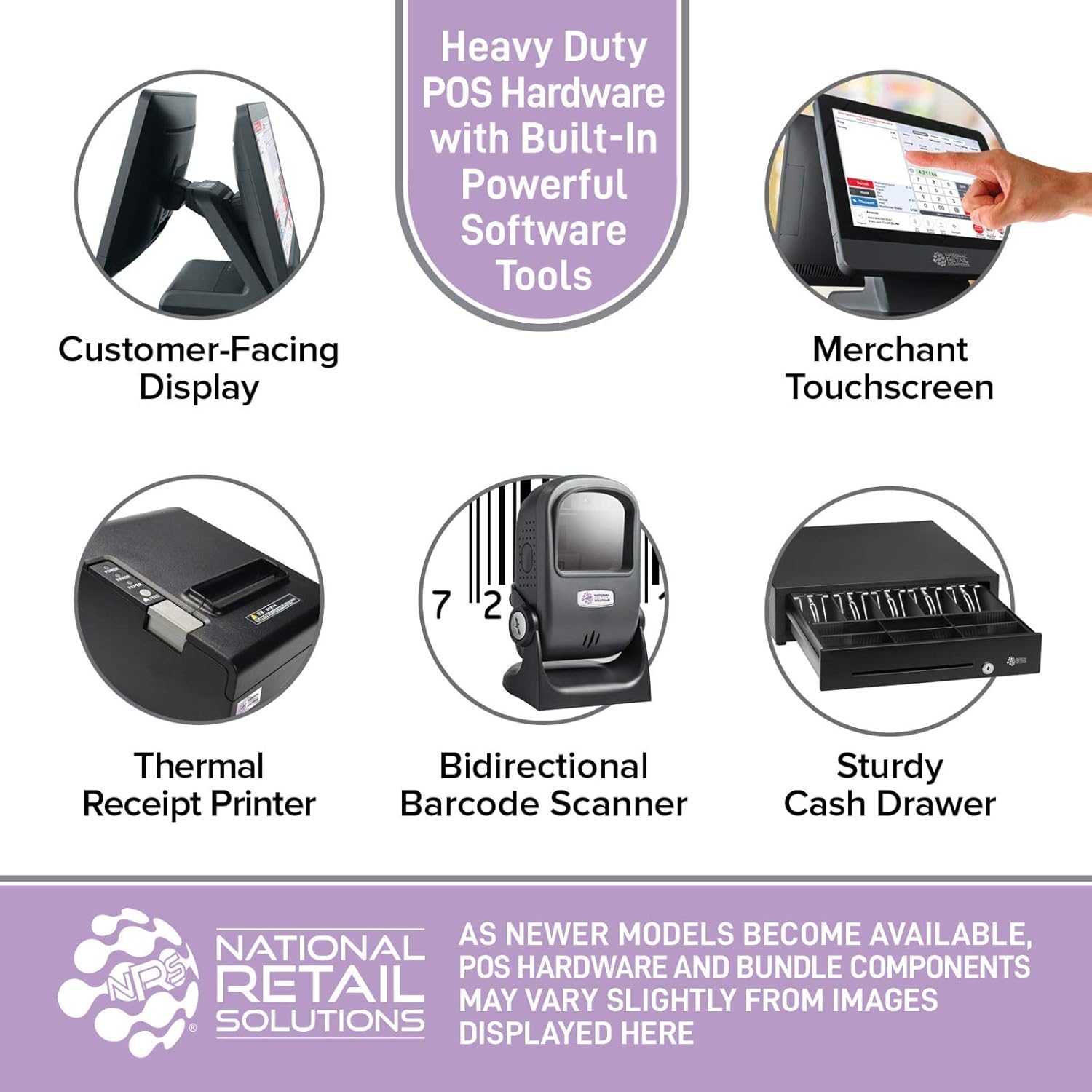 NRS Cash Register for Small Businesses (USA ONLY)- POS System Bundle Includes -Merchant Touch Screen Monitor, Customer-Facing Display, Barcode Scanner, Cash Drawer and Receipt Printer